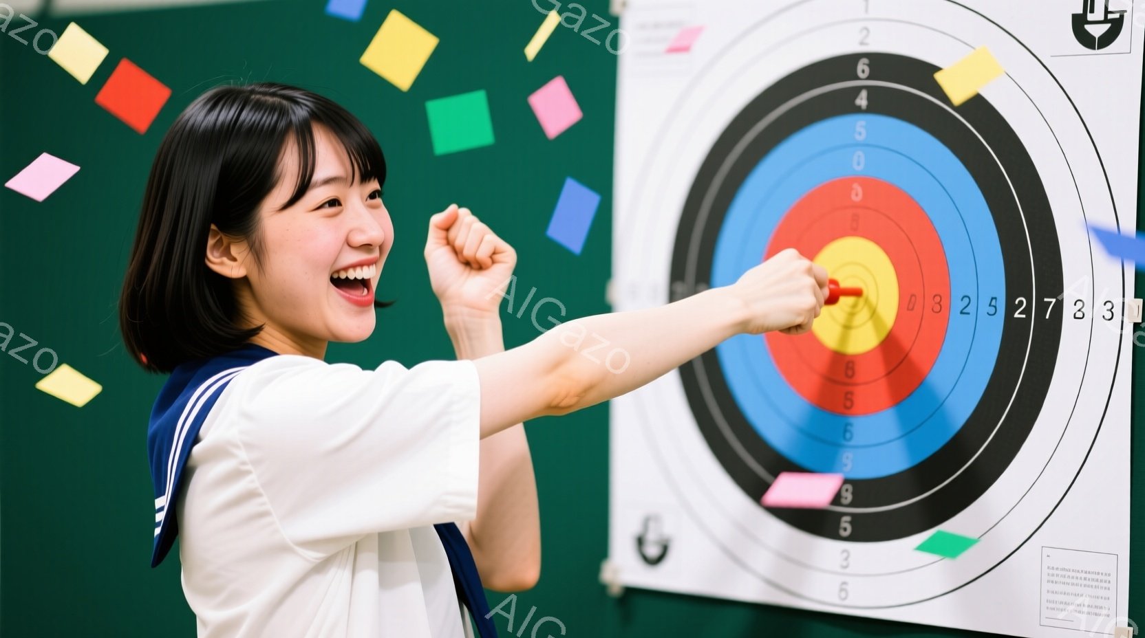 若い女性がダーツボードに向かってダーツを投げている様子が写っています。彼女は白い長袖シャツにネイビーのラインが入った服を着ており、髪は短く、笑顔で興奮している表情をしています。背景には緑色のダーツボー - AI生成フリー素材