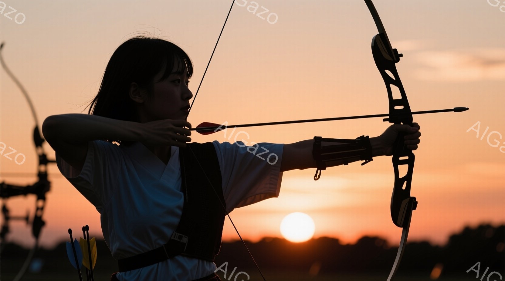 弓を構える女性がシルエットで描かれている。彼女は白いTシャツとベストを着用し、短髪で、集中した表情をしている。背景は夕焼けで、太陽が輝いており、周囲には他の弓矢がわずかに見える、静かで力強い雰囲気であ - AI生成フリー素材