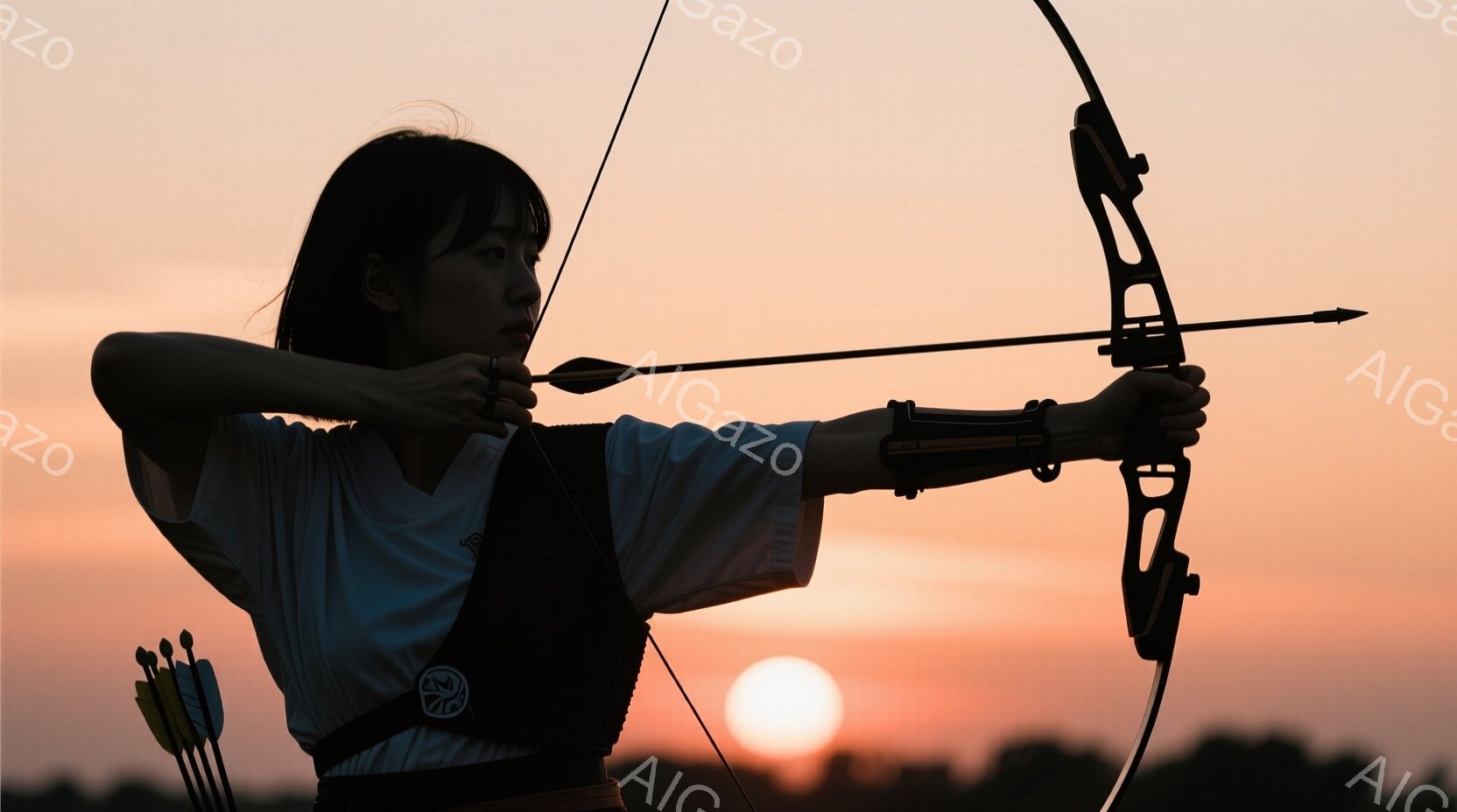 シルエットになった女性アーチャーが弓を引き絞っています。彼女は白いシャツとベストを着用し、髪は後ろで結ばれています。背景には沈む夕日が見え、オレンジと赤のグラデーションが空を染め、全体的に静かで力強い - AI生成フリー素材