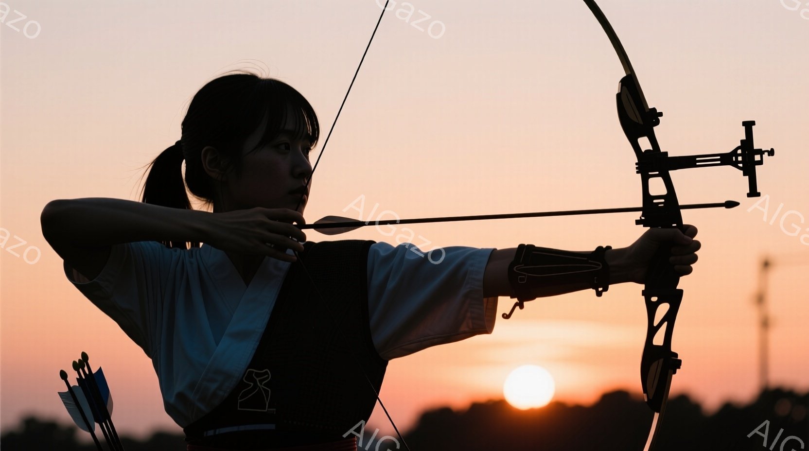 弓を構える女性のシルエットが印象的な写真です。彼女は白い長袖シャツと黒いベストを着用し、髪は後ろでまとめています。背景は夕焼け空で、太陽が沈みかけており、オレンジと赤の色合いが広がっています。 - AI生成フリー素材
