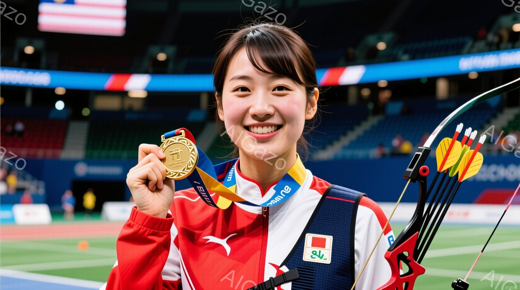 この女性はアーチェリー競技の選手で、金メダルを首にかけて満面の笑顔を浮かべている。赤いジャケットと白いシャツを着用し、髪は後ろでまとめており、競技で使用する弓と矢を手に持っている。背景には観客席が見え、競技会場の賑やかな雰囲気が伝わってくる。