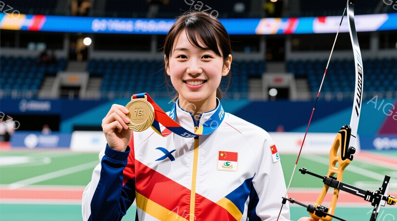 金メダルを手に微笑む女性アーチェリー選手が写っています。彼女は白い長袖のユニフォームに、中国の国旗の色である赤、黄、青のストライプが入ったジャケットを着用し、髪は後ろでまとめています。背景はアーチェリー競技場であり、観客席や競技設備が見え、競技の達成感を高める明るい雰囲気です。