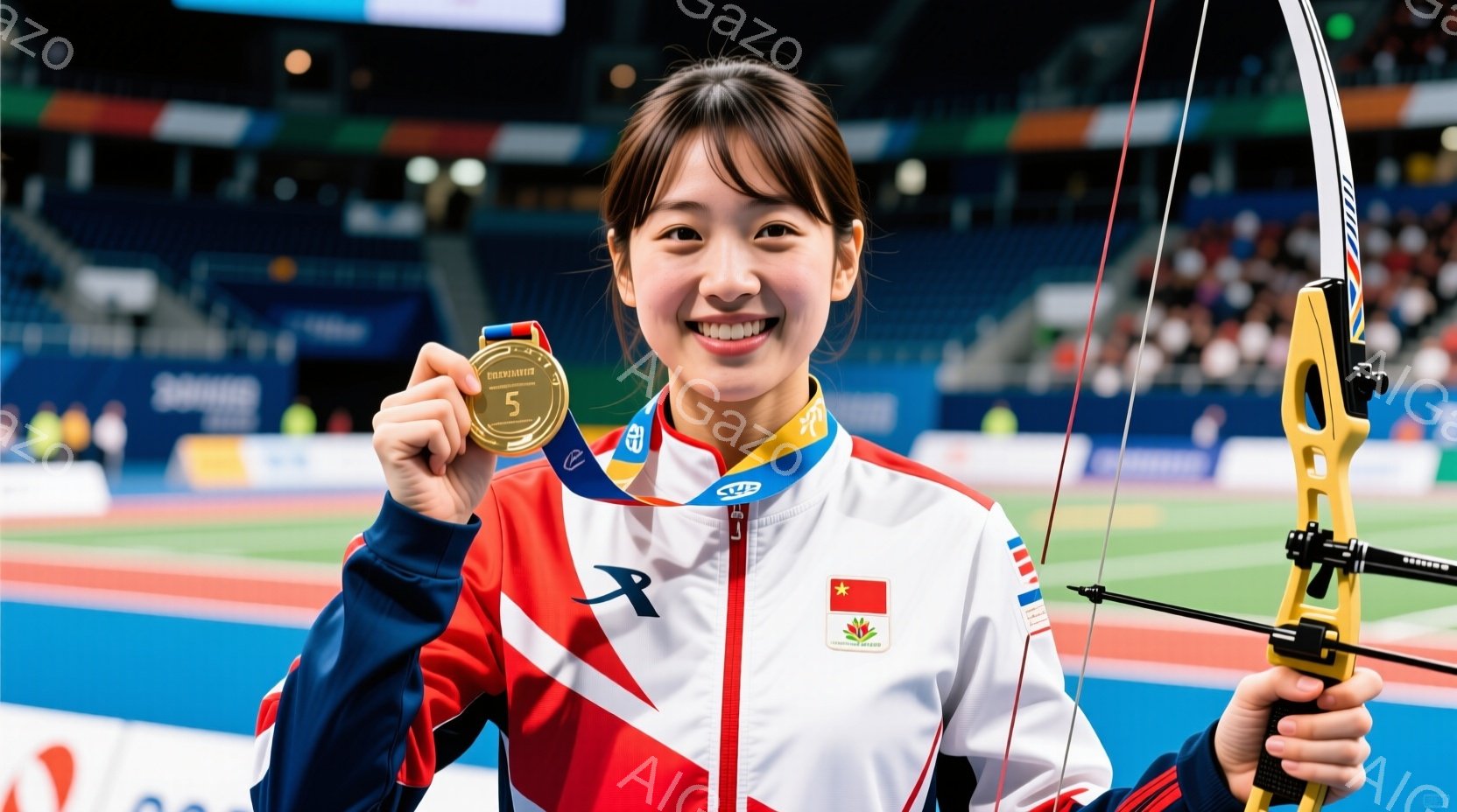 競技場を背景に、メダルを手に微笑む女性アーチェリー選手が写っている。彼女は赤と白を基調としたユニフォームを着用し、髪は後ろでまとめており、顔には明るい笑顔が浮かんでいる。背景には観客席や競技場の設備が見え、勝利の喜びを分かち合う様子が伝わってくる。