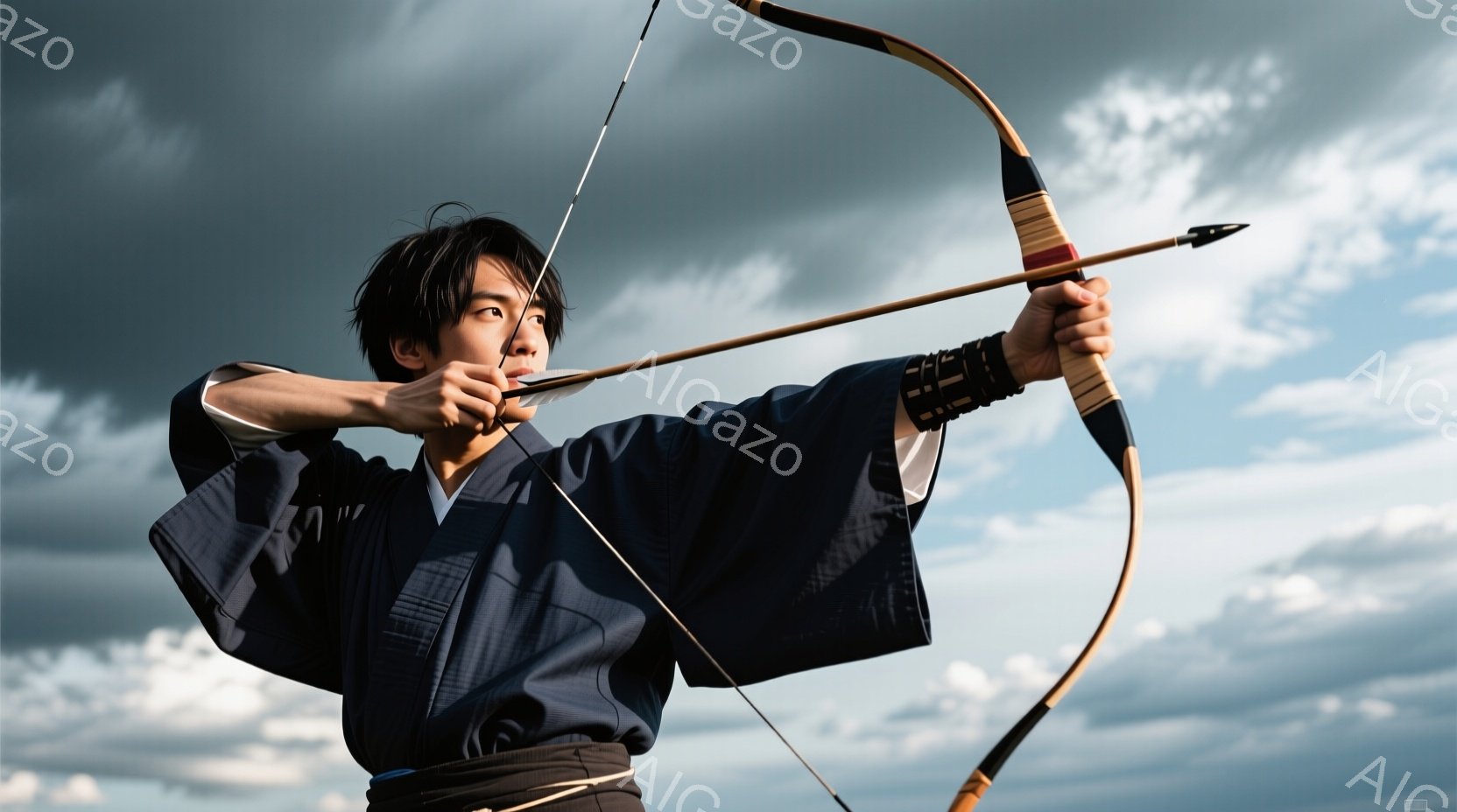 紺色の着物と黒色の帯を身に着けた男性が、弓を構えている姿が捉えられています。彼の髪は短く黒く、顔つきは真剣で集中しており、引き絞った弓とターゲットを見据えています。背景には薄曇りの空が広がり、草地が広がっており、全体的に静かで力強い雰囲気が漂っています。