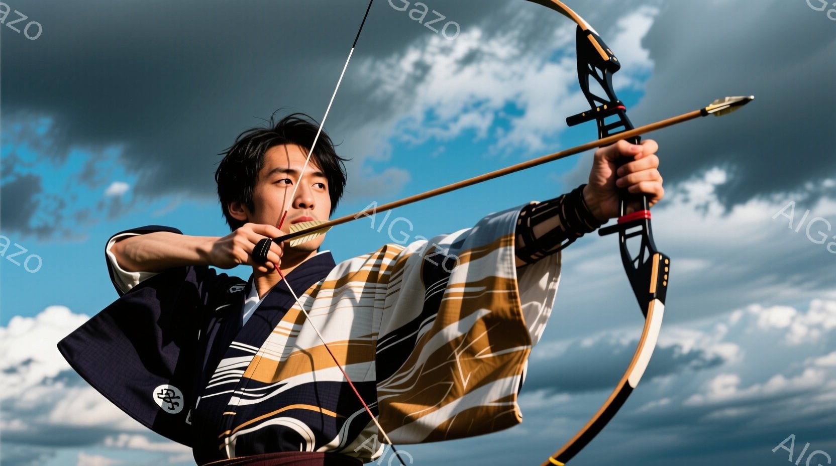紺色の着物にベージュと白のストライプの帯を締めた男性が、弓を引き絞っています。彼の髪は黒く無造作に整えられ、顔には集中した表情が見られます。背景には青空と白い雲が広がり、力強い緊張感と自然の雄大さが感 - AI生成フリー素材