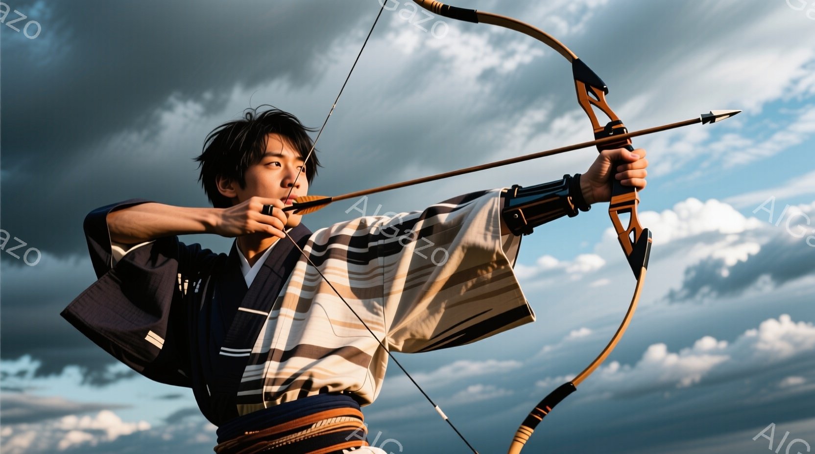 袴と着物を着た男性が弓を構えている姿が捉えられている。彼の髪型は短髪で、表情は真剣そのもので、弓に集中している様子が伺える。背景には雲が広がる空が広がり、全体的に力強く、伝統的な雰囲気を醸し出している。
