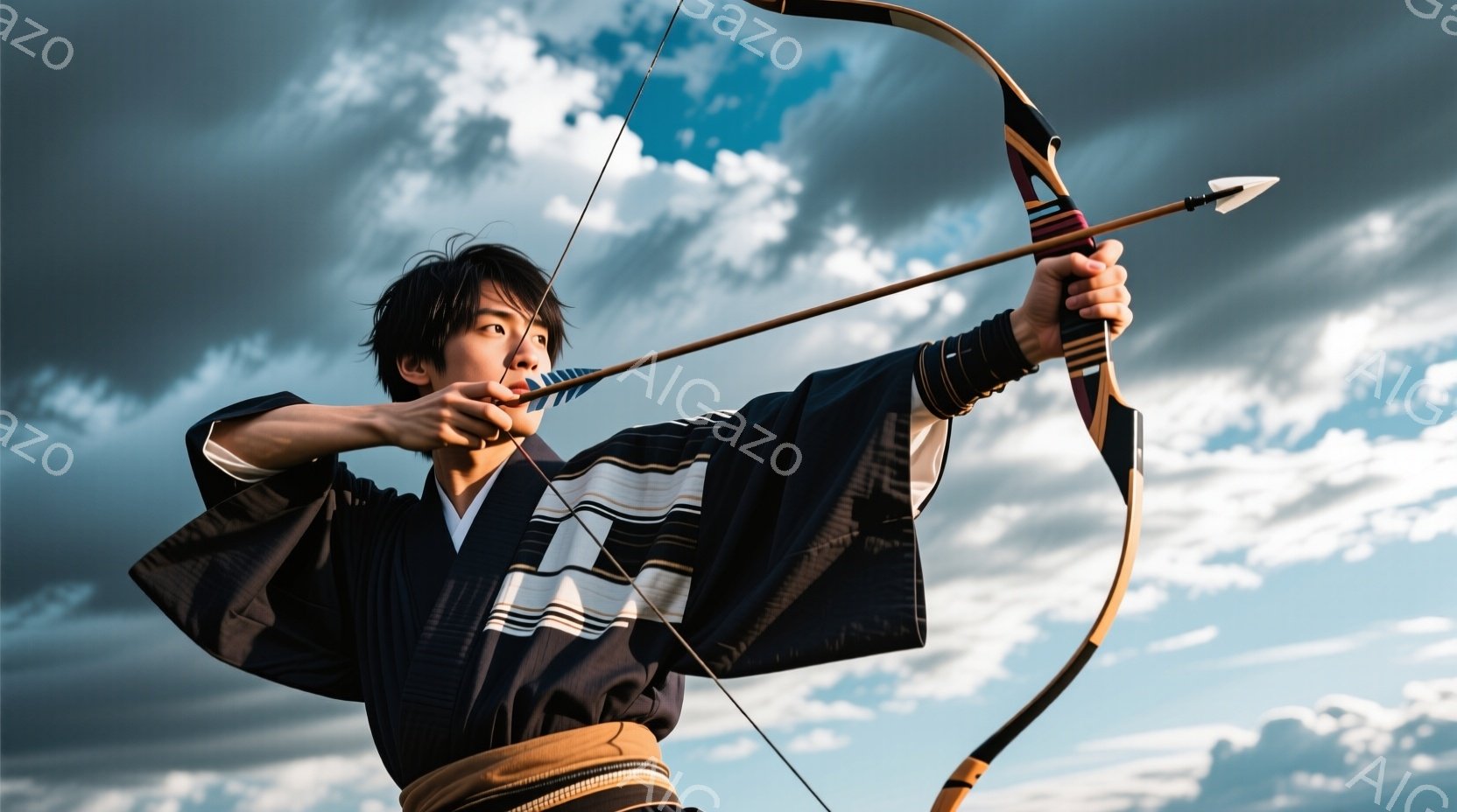濃い藍色の着物と白の縞模様が入った腹掛けを身につけた男性が、弓を構え、矢を放とうとしている姿が描かれている。彼の黒髪は無造作に肩にかかり、表情は真剣で集中している。背景には、灰色の雲が広がる空が広がり - AI生成フリー素材