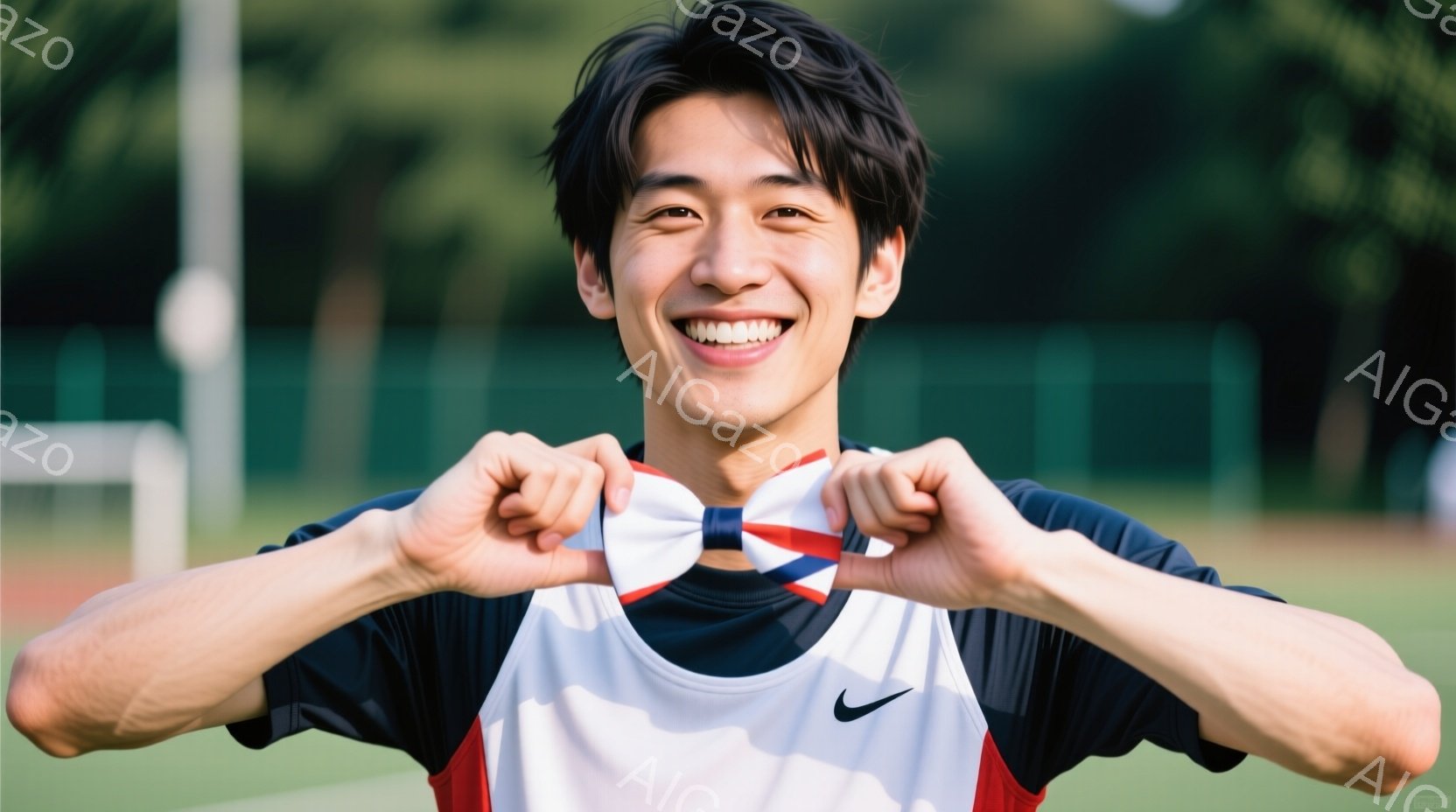 この男性は、赤と黒のスポーツウェアを身につけ、首元で白いリボンを握りながら満面の笑みを浮かべている。彼の髪型は短髪で、整髪料で軽くセットされているようだ。背景には緑の芝生とフェンスが見え、晴れた日の屋外で撮影された写真であることがわかる。