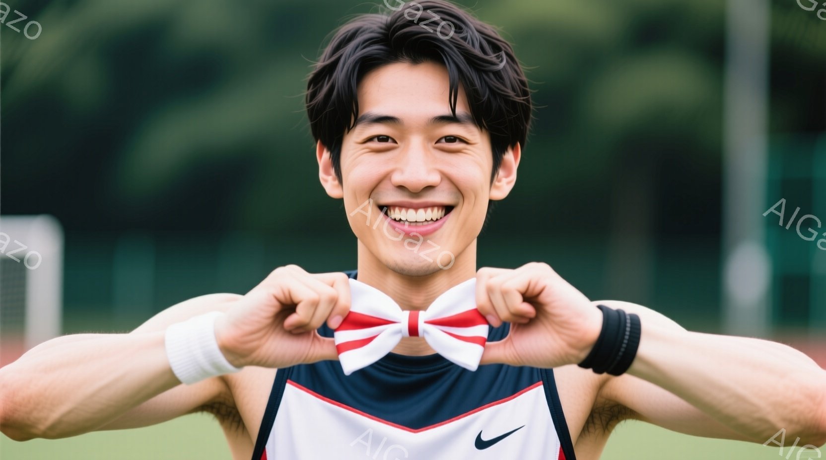 競技場を背景に、笑顔の若い男性が写っている。黒髪で、紺色のランニングシャツと白いリストバンドを着用し、首には赤いリボンを結んでいる。彼は両手でリボンを持ち、少し上目遣いでカメラを見つめ、明るく陽気な雰 - AI生成フリー素材