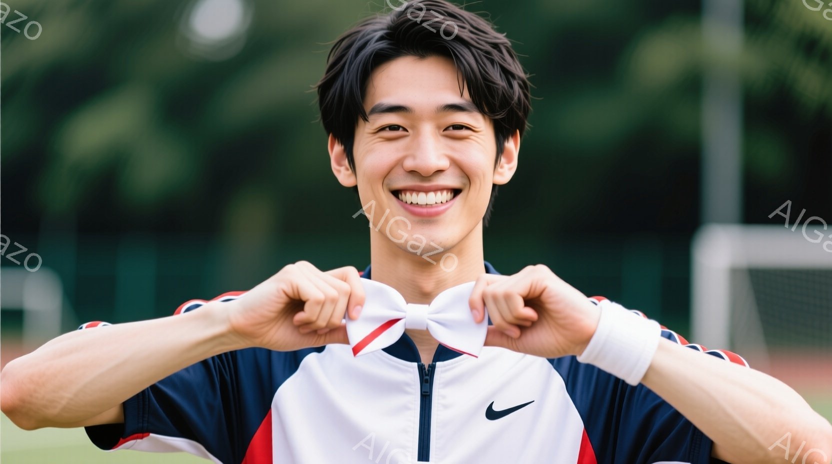 この男性はテニスコートで白いリボンを調整しており、明るい笑顔を浮かべている。紺色と赤のパイピングが入った白いテニスウェアに身を包み、手首にはリストバンドをしている。背景には緑豊かな木々とネットが見え、晴れた日の屋外で撮影された写真であることがわかる。