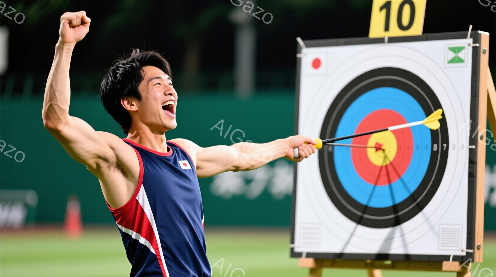 アーチェリー選手がターゲットの中心を見事に射抜いた瞬間を捉えた写真です。彼は青と白のユニフォームを着用し、右手を高く上げて喜びを表現しています。背景にはターゲットと、わずかにオレンジ色のコーンが見え、競技場のような屋内施設で晴天のもと撮影されたと思われます。