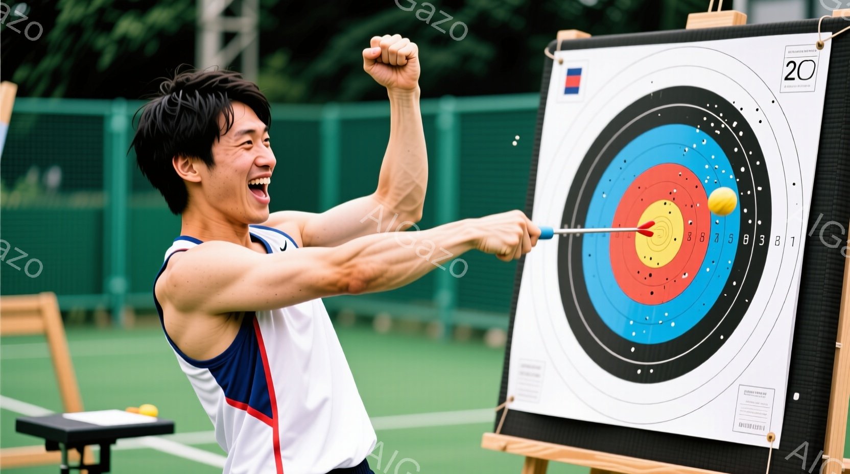 男は白いタンクトップと紺色の短パンを着て、アーチェリーのターゲットに向かって矢を放ったばかりの様子です。彼は喜びの表情で腕を高く上げ、成功を祝っているように見えます。背景には緑のフェンスと芝生、そしてアーチェリーのターゲットが設置されており、晴れた屋外でスポーツを楽しむ雰囲気が伝わります。