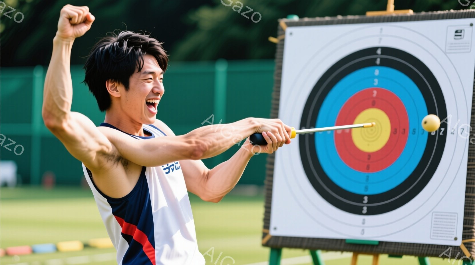 競技者は白いタンクトップと紺色のショートパンツを着用し、興奮した表情で腕を高く上げています。標的は典型的なアーチェリーターゲットで、中心には矢が刺さっています。背景は緑の芝生とぼやけた木々があり、晴れた日の屋外での競技を表しています。
