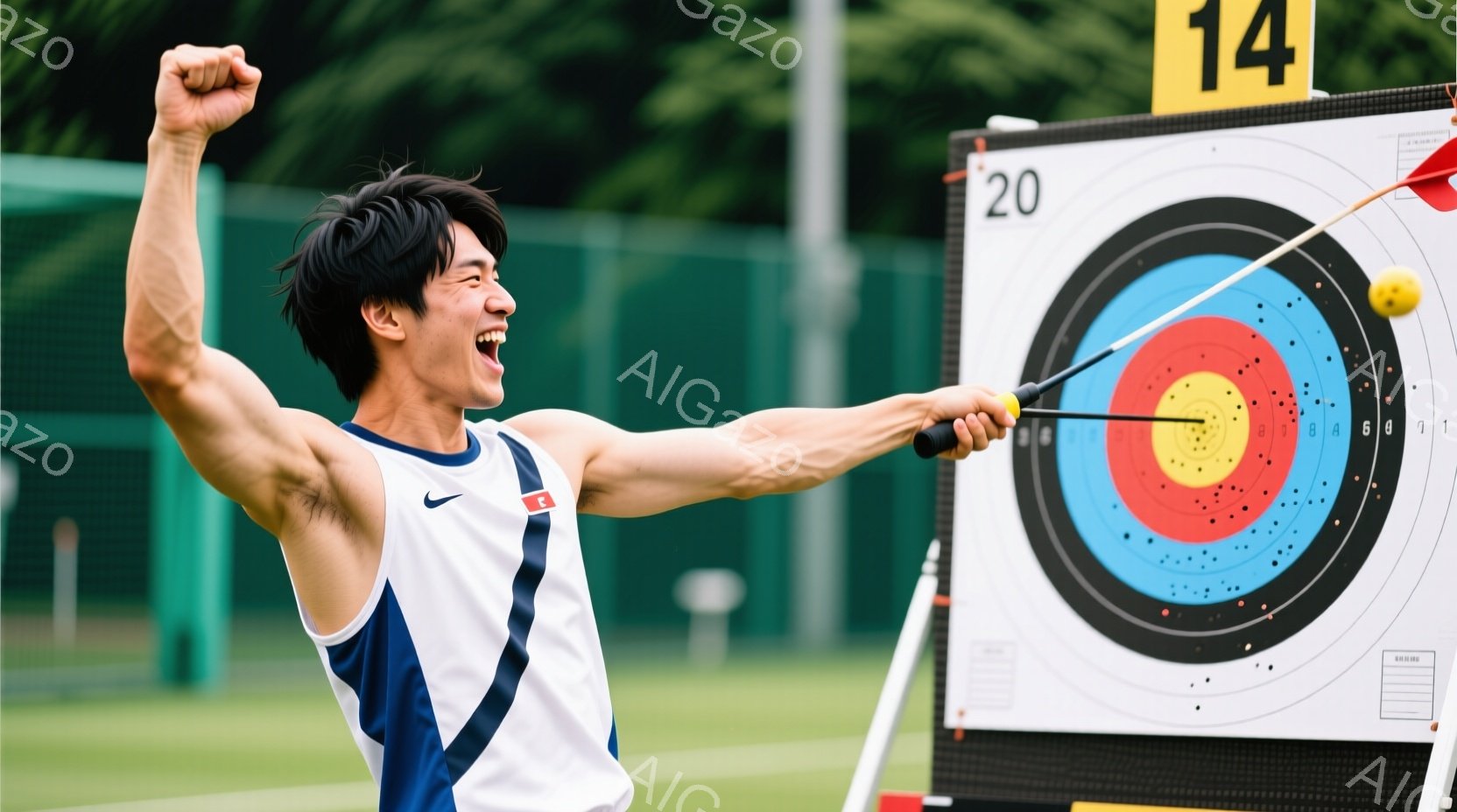 中国のアーチャーであり、オリンピック選手である男性。ニッケルシートとボウランプを使用して矢を引っ張り、目標に射止める練習をしています。彼は喜んでおり、両手を大きく開けた喜びの表情と肩を落として腕を振り回すポジティブなエネルギーを放っています。