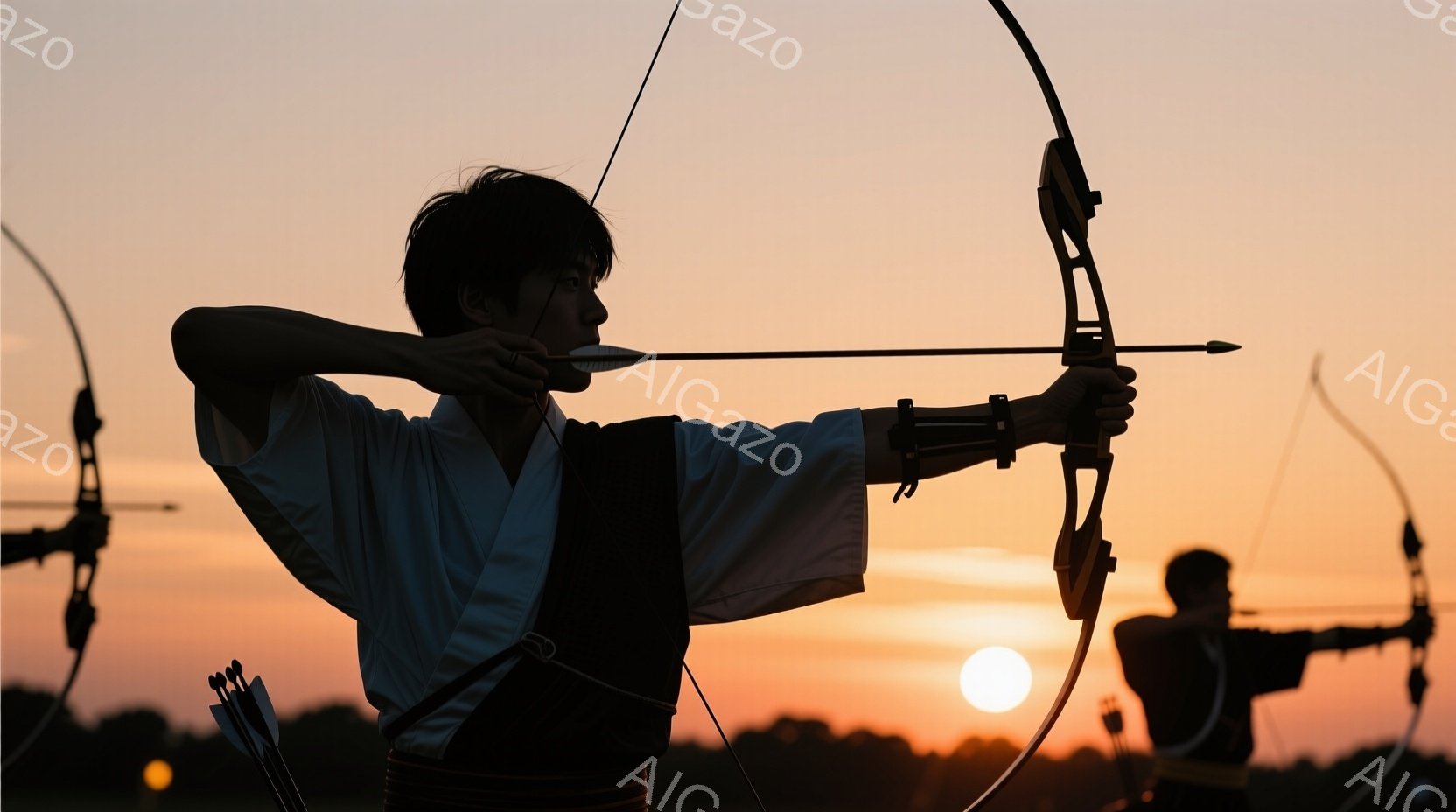 夕焼けを背景に、弓を引く男性のシルエットが印象的な画像です。彼は黒髪で、日本の伝統的な服装、おそらく和服に身を包み、引き締まった姿勢で弓に集中しています。背景には他の弓使いのシルエットと、地平線に沈む太陽が広がり、静かで厳かな雰囲気を醸し出しています。