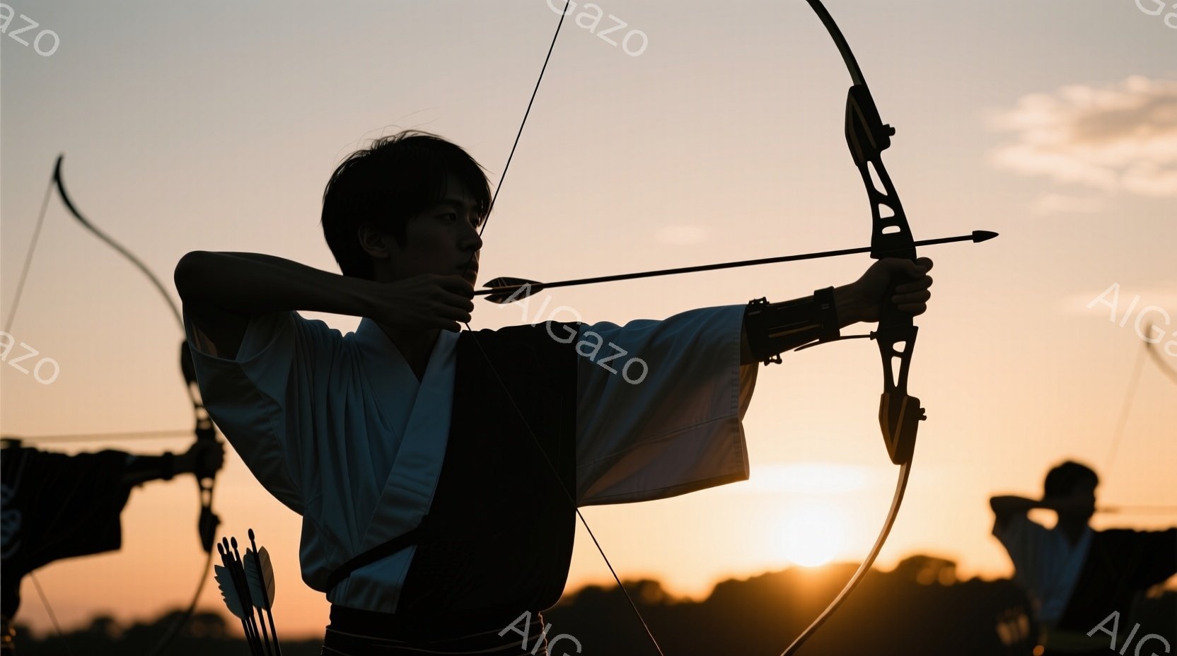 弓を構える一人の男性がシルエットで描かれている。白装束に黒い帯を締め、短髪で引き締まった表情をしている。背景には夕焼けの空と、他の弓使いのぼんやりとした姿が見え、厳粛で集中した雰囲気が漂っている。 - AI生成フリー素材