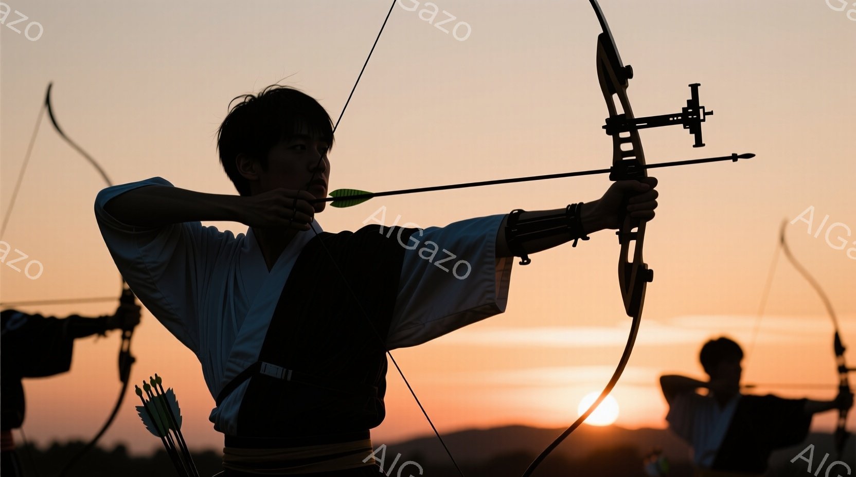 少年は弓を持ち、矢を引いている姿が描かれている。白い着物と黒いベストを身に着け、後ろ髪を少し長く伸ばしたスタイルで、真剣な表情で標的に集中している。夕焼け空の下、他の弓使いたちとともにシルエットで描かれ、集中と静寂の雰囲気が漂う。