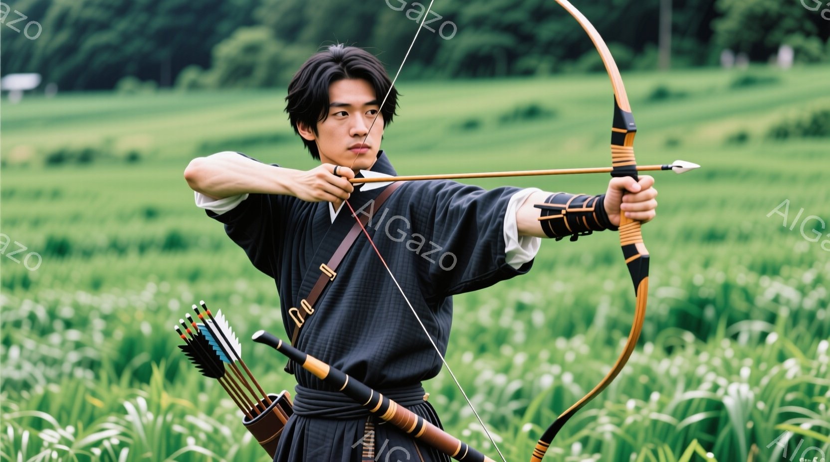 若い男性が伝統的な日本の弓術の姿勢で描かれている。彼は黒い着物と袴を着用し、腰には矢筒が吊り下げられている。背景は緑豊かな草原で、天候は晴れで、全体的に静かで集中した雰囲気が漂っている。 - AI生成フリー素材