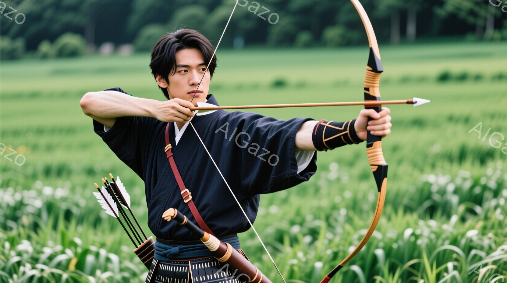 濃い緑色の背景に、弓を構えた男性が写っている。彼は黒い着物と袴を身につけ、髪を後ろで束ねている。緊張と集中が入り混じった表情で、真剣な眼差しで目標を見据えている。