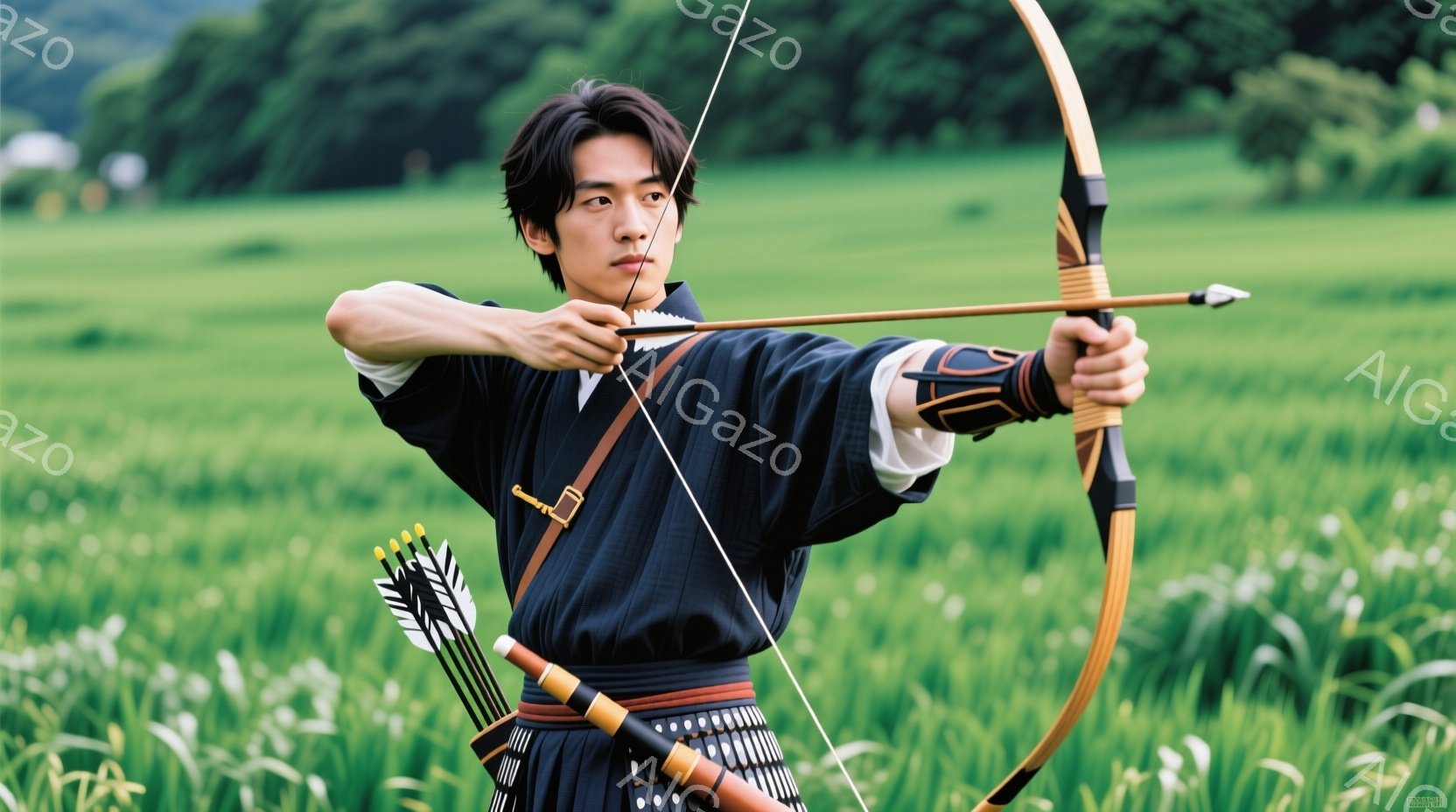 若い男性が弓を持ち、矢を引いている姿が描かれています。彼は黒と藍色の着物、茶色の袴を身につけ、髪は後ろで結んでいます。背景には緑豊かな草原が広がり、遠くにぼんやりと建物が見え、晴れた日の穏やかな雰囲気が漂っています。