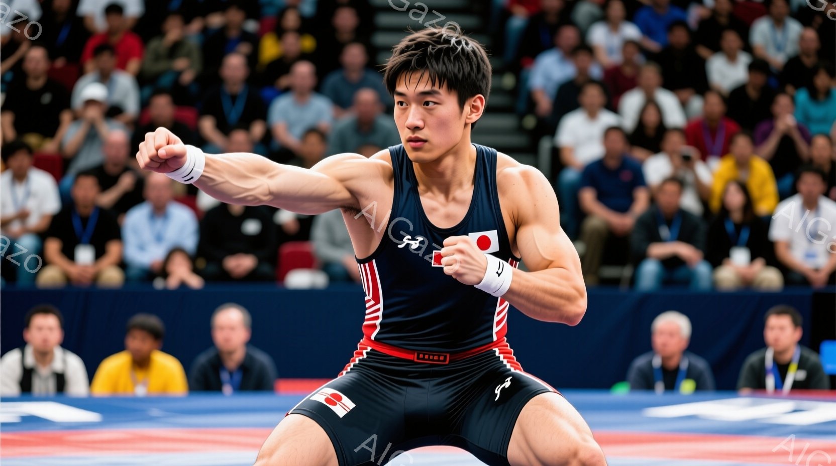 競技者は紺色のレオタードと赤いショーツを着用し、力強い表情で両手を拳にして構えています。膝を曲げ、腰を落とした姿勢は、まさに試合開始を待つアスリートの迫力を表現しています。背景には観客席が広がり、活気あふれる競技場の雰囲気が伝わってきます。