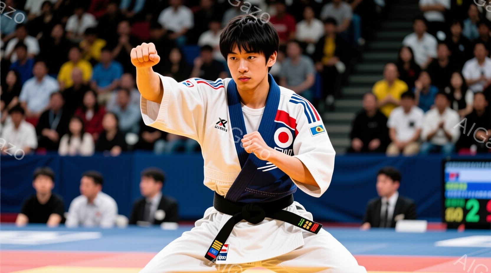 空手着姿の若い男性が写っている。彼は白い空手着に黒帯を締め、右手を握り拳にして高く上げ、決意に満ちた表情をしている。背景には観客席が見え、試合会場のような雰囲気で、床は青と赤のマットで覆われている。 - AI生成フリー素材