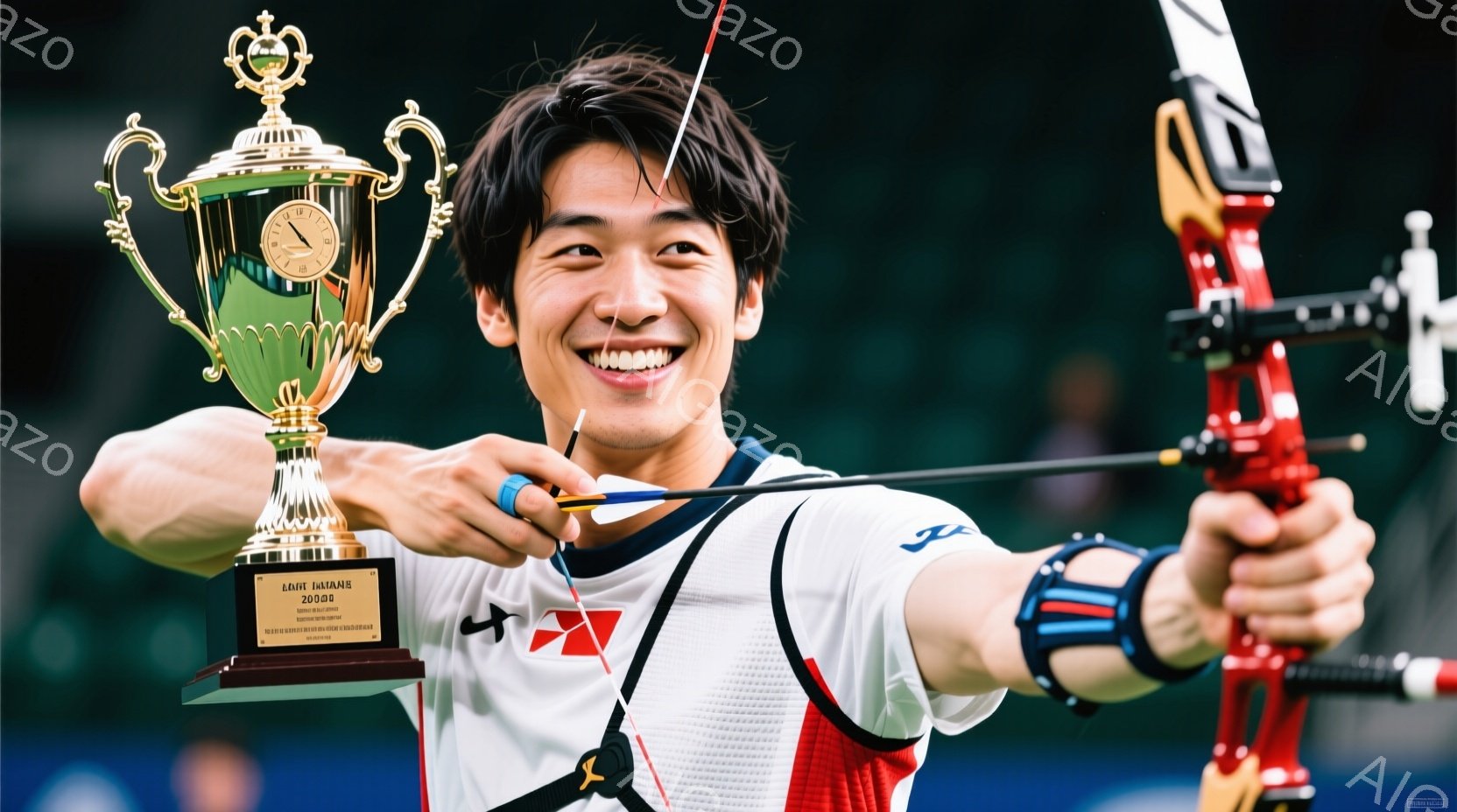 競技者がアーチェリーの構えで写っており、照れ笑いを浮かべている。赤い縁取りのある白いユニフォームを着用し、髪は短く整えられている。背景は緑色で、トロフィーが彼の左側に置かれ、競技の成功を象徴している。