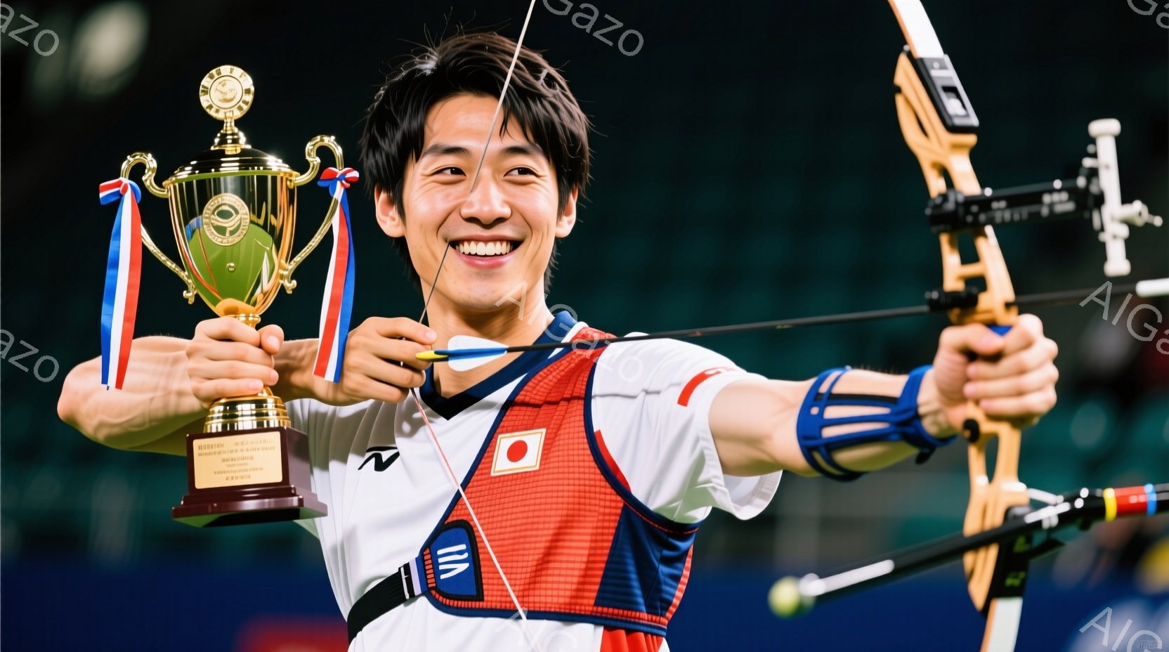 競技者は白いユニフォームに赤いラインが入ったベストを着用し、日本国旗のワッペンが胸元にあります。彼は弓を持ち、矢を構えながら満面の笑みを浮かべ、片手には金色のトロフィーを抱えています。背景は暗く、競技場内の照明が彼に当たっており、勝利の喜びと達成感を漂わせています。