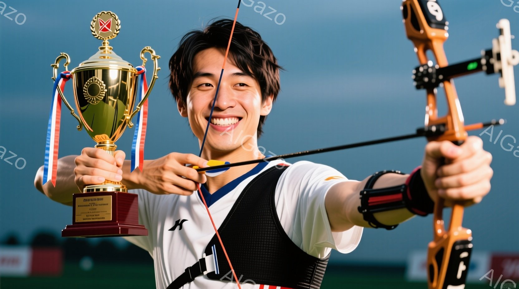 競技者が弓を持ち、ターゲットに向けて構えている姿が写っている。白のポロシャツと黒のベストを着用し、短髪で笑顔を見せ、片手に金色のトロフィーを持っている。背景には建物と青空が広がり、競技場のような場所で撮影された写真のようだ。