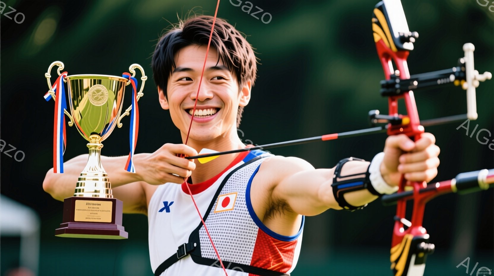 競技者は、日本代表のユニフォームである白いタンクトップと黒いズボンを着用し、アーチェリーの矢を引く構えを取っています。彼は満面の笑みを浮かべ、競技への喜びと自信を表現しており、左手に持つトロフィーが彼の勝利を象徴しています。背景には緑豊かな木々が見え、晴天の下で屋外で行われている競技の様子が伺えます。