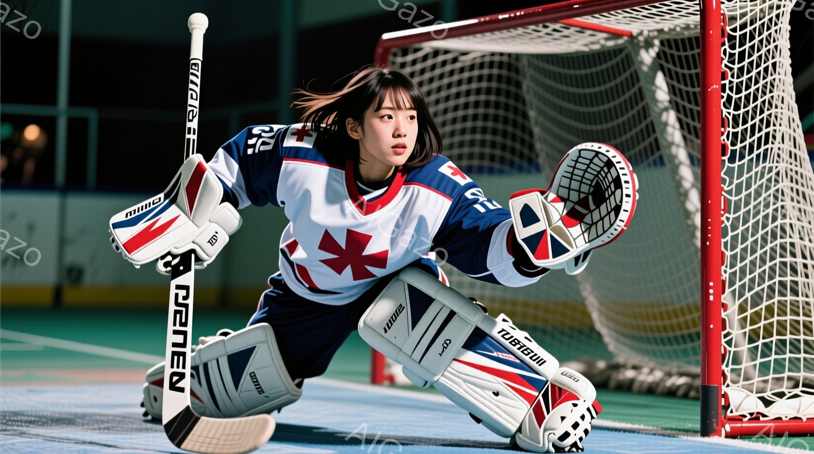 アイスホッケーのゴールキーパーである若い女性を描写しています。彼女は白を基調とした赤いアクセントのユニフォームを着用し、髪はポニーテールにまとめられています。彼女はしゃがみ込み、集中した表情で、ゴールネットの前で構え、次の攻撃に備えているように見えます。