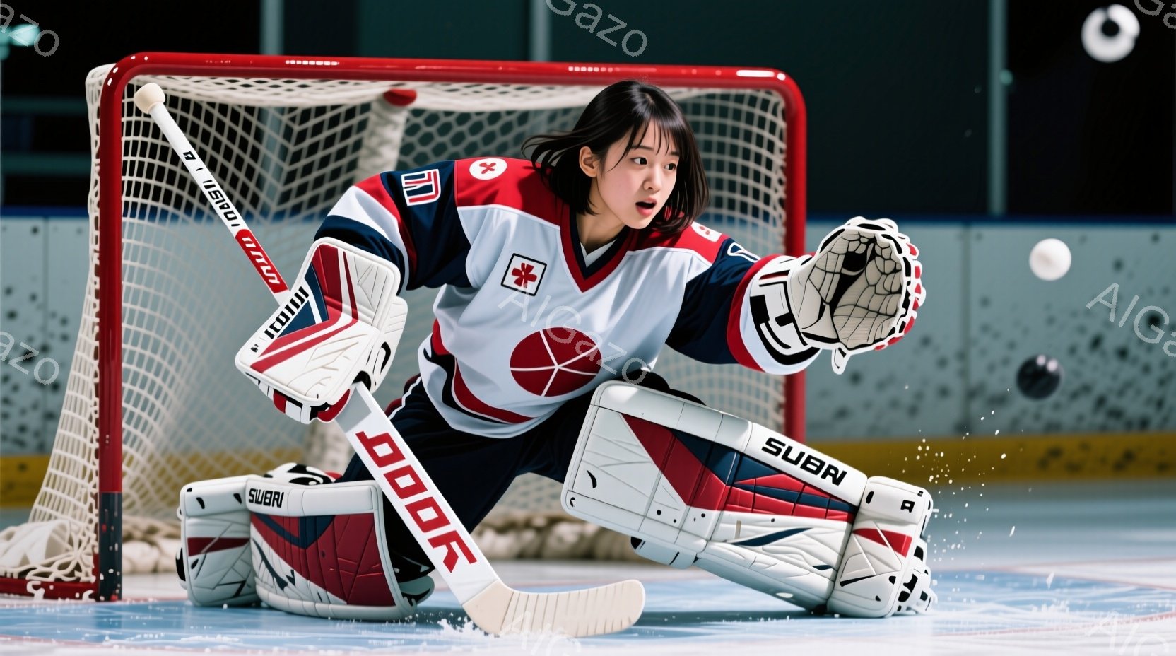 アイスホッケーのゴールキーパーである若い女性が写っています。彼女は白を基調としたユニフォームに赤い装飾が施され、黒いヘルメットを着用し、髪はポニーテールに結ばれています。彼女は体を低く構え、集中した表情でパックを待ち構えている様子で、背景はアイスホッケーリンクの氷面です。