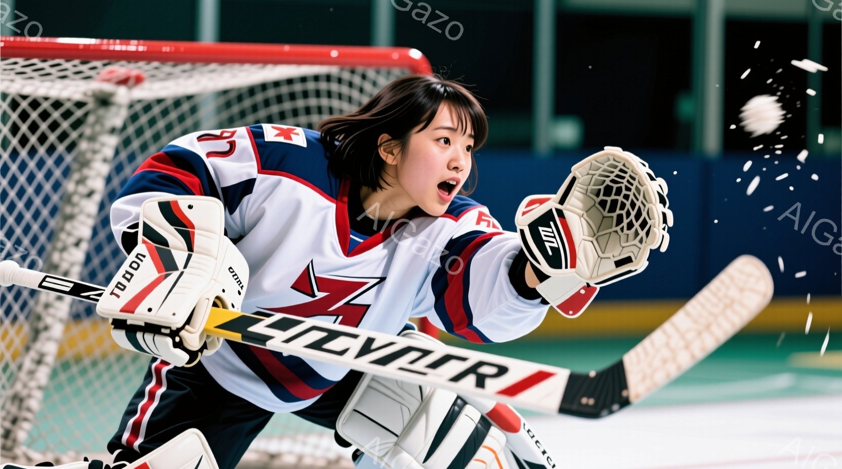 アイスホッケーのゴールキーパーである女性が、激しいプレー中にシュートを防ごうとしている様子が写っている。彼女は白を基調とした赤と黒のラインが入ったユニフォームを着用し、髪はポニーテールにまとめられている。背景にはネットと氷のリンクが見え、ダイナミックな動きと迫力のある表情から、試合の緊張感が伝わってくる。
