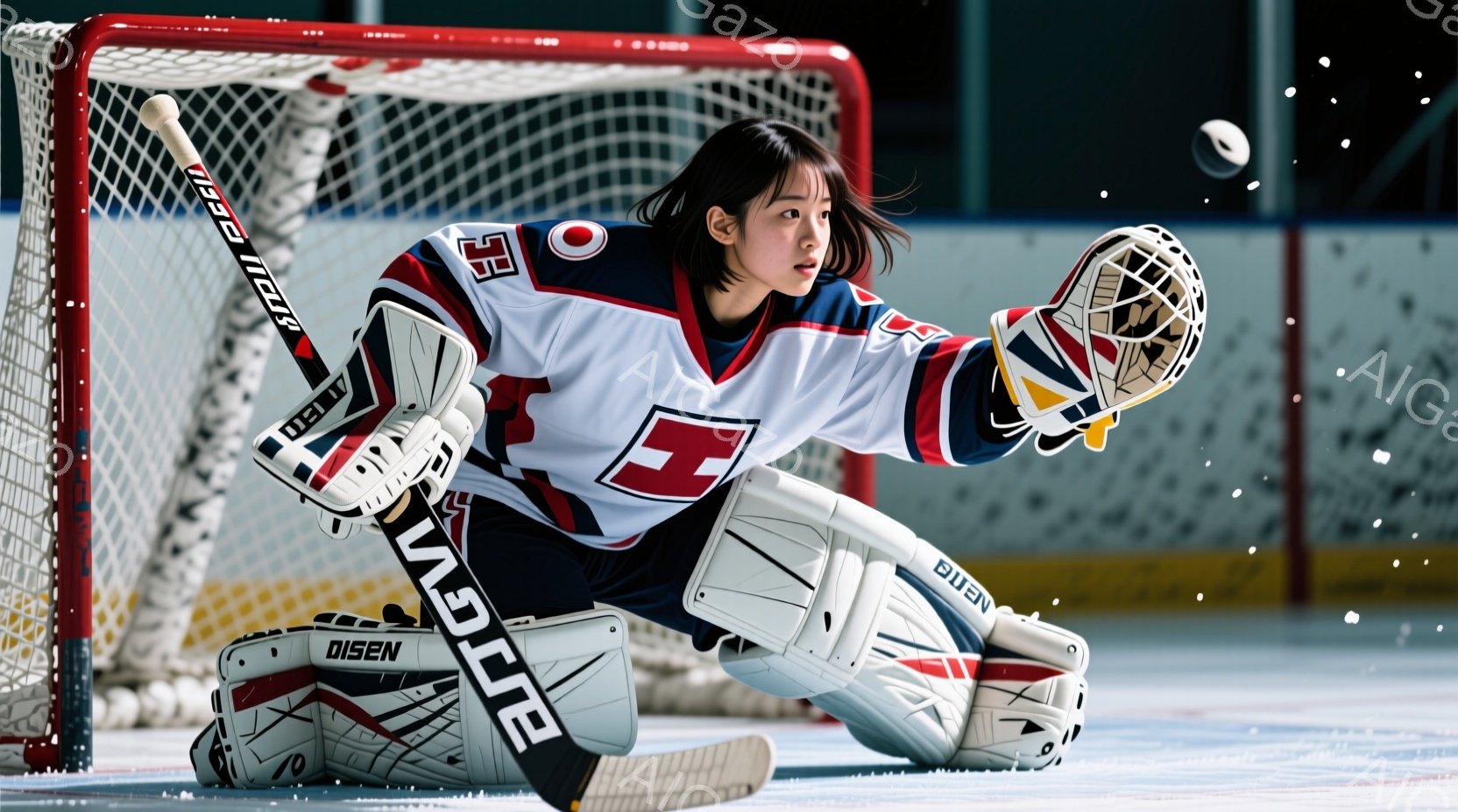 アイスホッケーのゴールキーパーである女性は、白、赤、ネイビーブルーのユニフォームを着用し、集中した表情でパックを阻止しようとしています。彼女は膝と手を使い、体を大きく広げてパックに近づき、髪は後ろでポニーテールにまとめられています。背景はアイスホッケーリンクで、リンクの壁や観客席の一部が見え、雪が舞う様子から寒冷な気候が伝わってきます。
