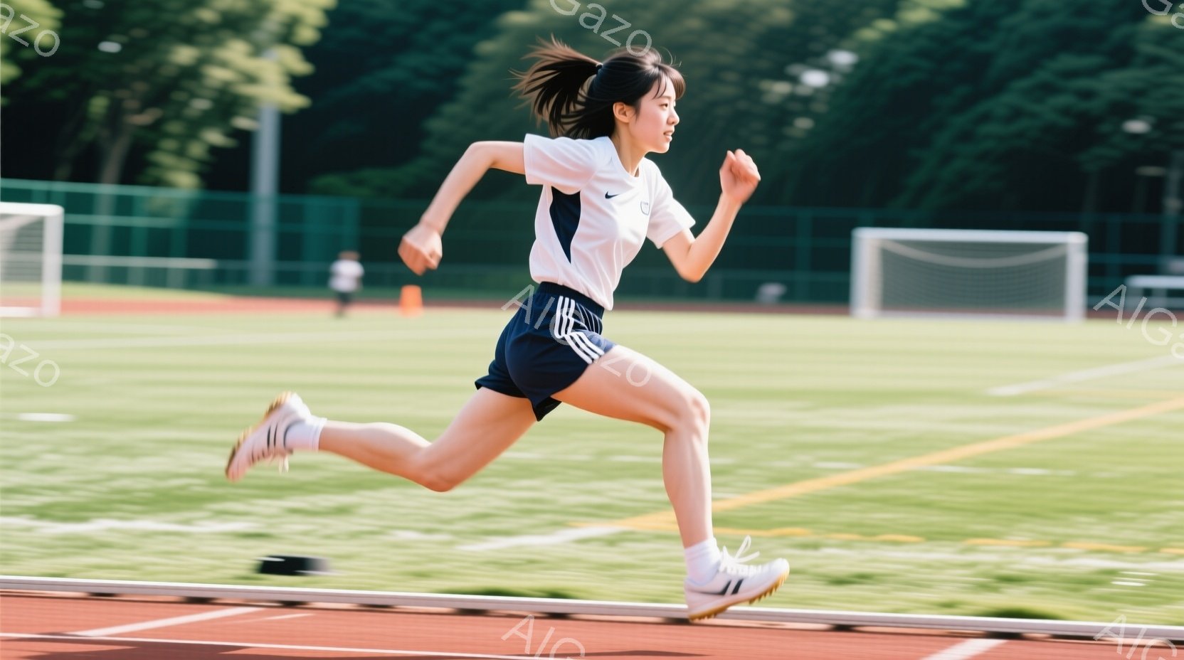 陸上競技場で走る女性が写っている。彼女は白いシャツに紺色の短パン、白いソックスとスニーカーを履いている。髪はポニーテールに結ばれており、走ることに集中しているため、表情ははっきりと見えないが、躍動感に - AI生成フリー素材