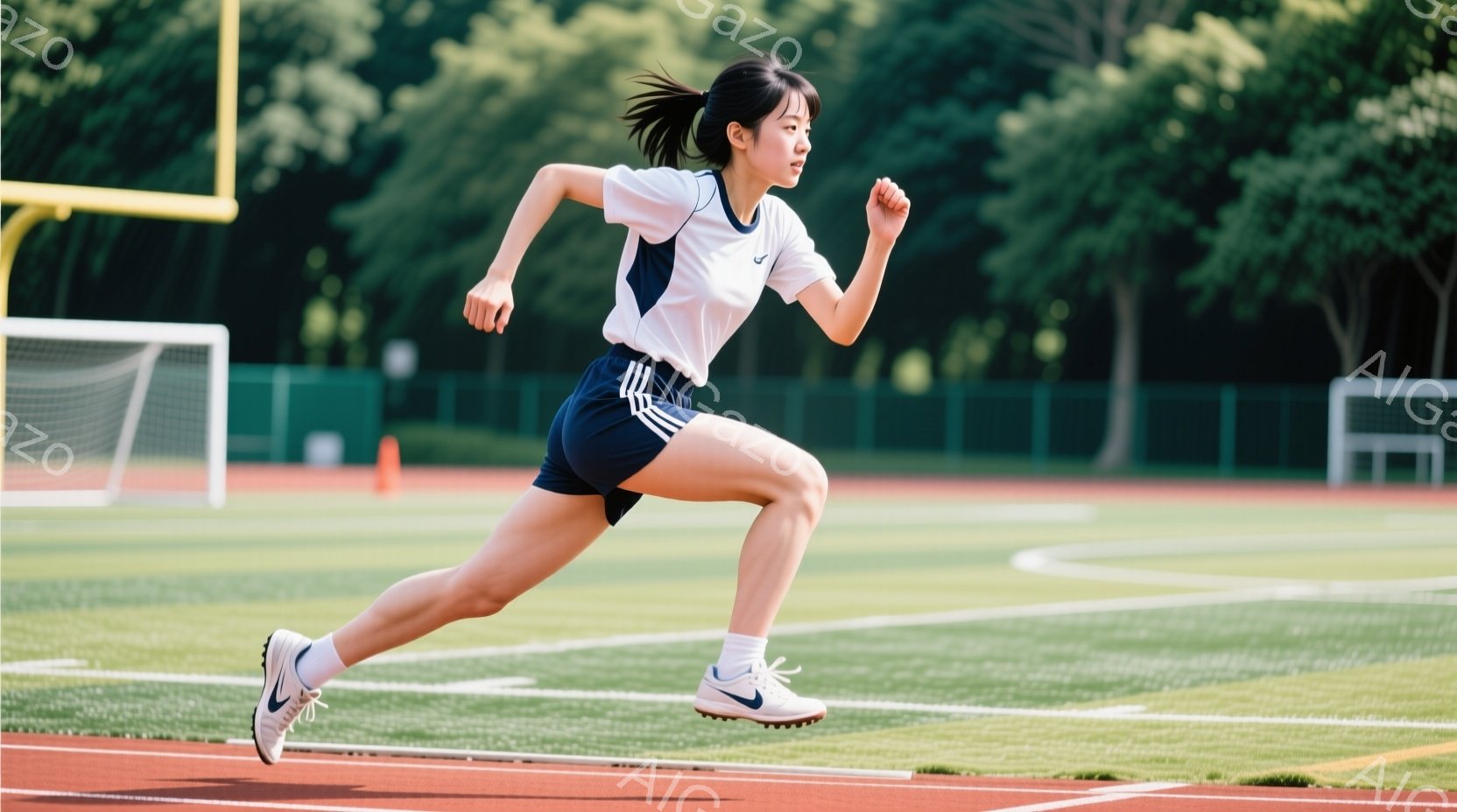 短い髪をポニーテールにした若い女性が、陸上競技場で走っている様子が写っている。彼女は白いシャツと紺色の短パン、白い靴下とスニーカーを着用し、集中した表情で前を見据えている。背景には緑の芝生と、ぼやけた - AI生成フリー素材