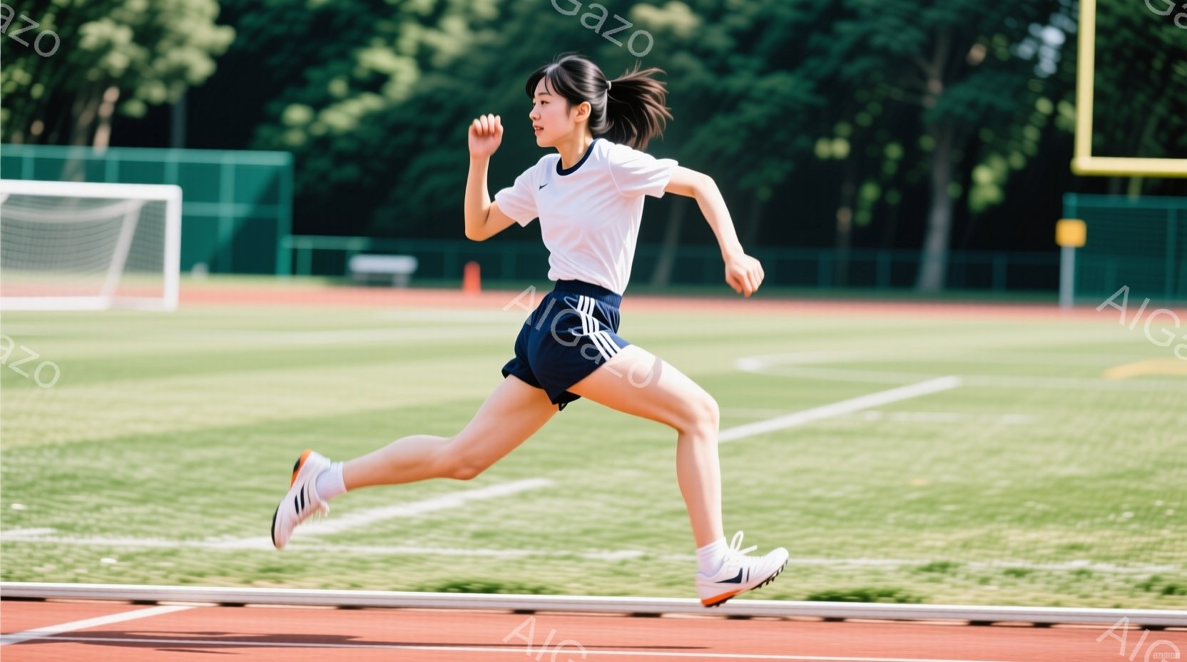 この女性は競技場で走っている様子で、白いTシャツと紺色の短パン、そして運動靴を身に着けている。髪はポニーテールにしており、表情ははっきりと見えないが、走ることに集中している様子が伺える。背景には緑豊かな芝生とトラックがあり、晴天の下で活気のある雰囲気が感じられる。