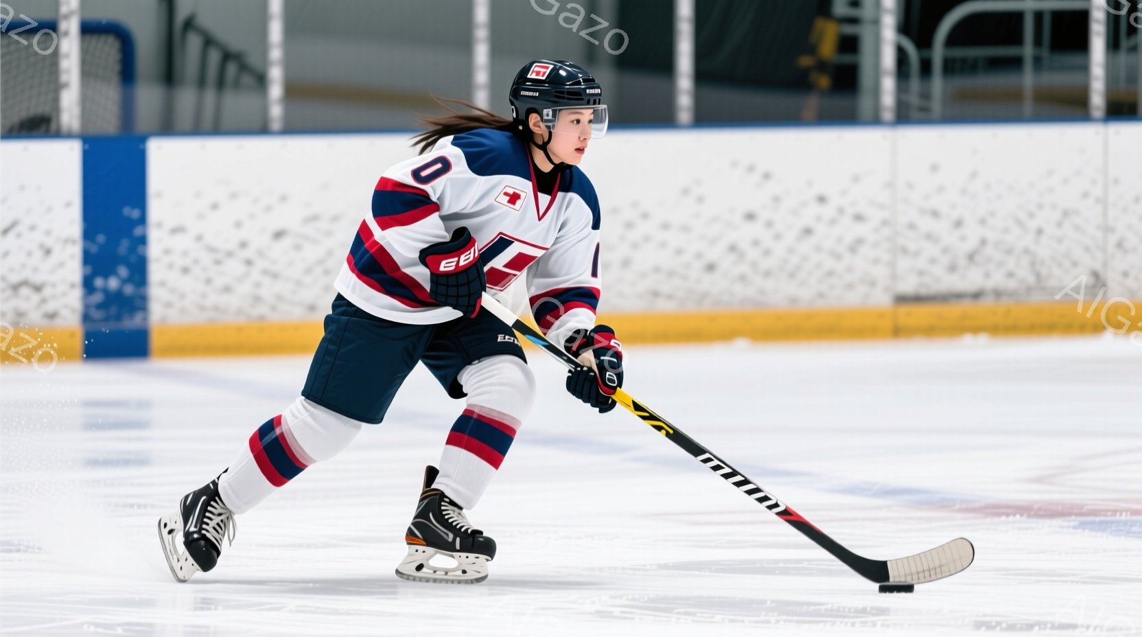 アイスホッケー選手がリンク上でプレーしている様子が写っている。彼女は赤、白、紺色のユニフォームとヘルメットを着用し、長い髪を後ろでまとめており、集中した表情でホッケーのパックをスティックでコントロールしている。背景は白く、氷のリンクとフェンスが見え、競技に集中した静かな雰囲気が漂っている。