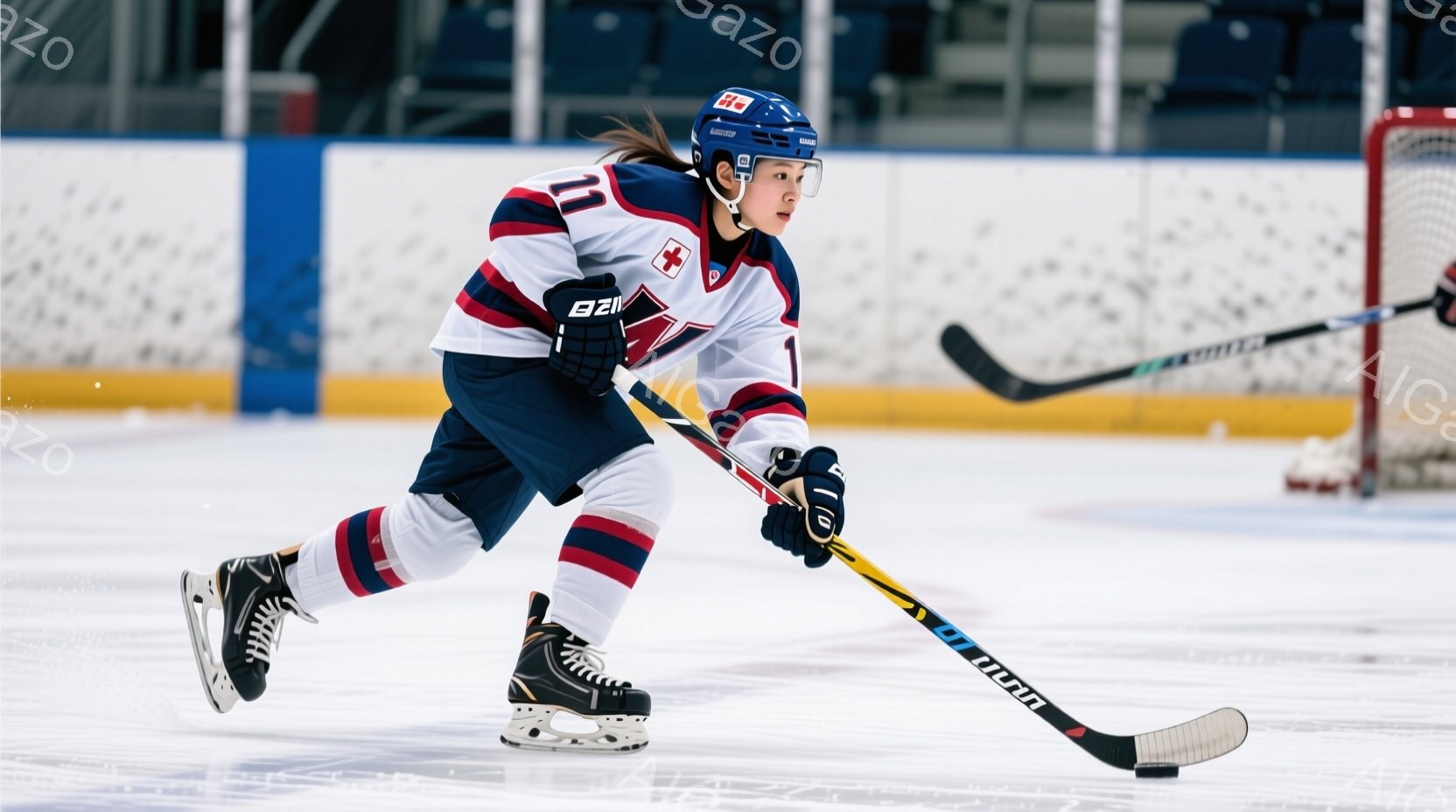 アイスホッケー選手が氷上をスケーティングしている様子が写っている。彼女は紺色と赤色のストライプのユニフォーム、ヘルメット、スケートを身につけ、金髪をポニーテールにしている。背景にはアイスホッケーのゴールネットが見え、全体的に集中した競技の雰囲気が漂っている。