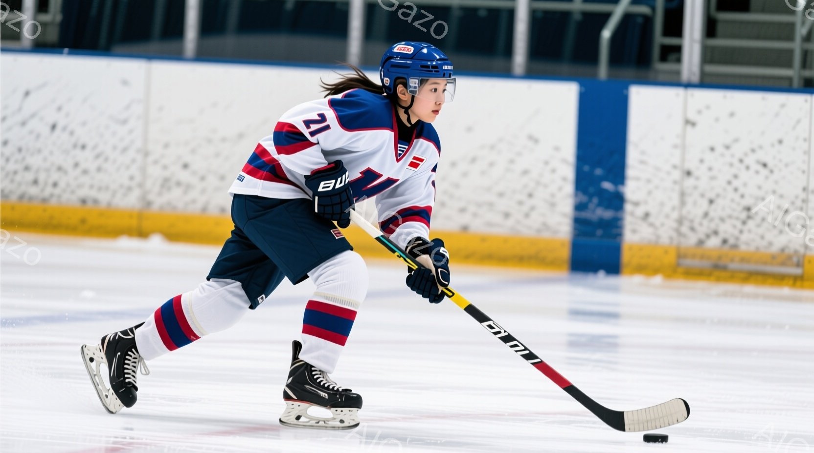 アイスホッケー選手がリンク上でプレーしている様子が写っている。紺色と赤色のストライプが入ったユニフォームに、背番号21が大きくプリントされており、黒いヘルメットを被り、長い髪を後ろで束ねている。選手は前かがみの姿勢でスティックを握り、氷上を滑走しており、集中した表情でプレーに臨んでいる。