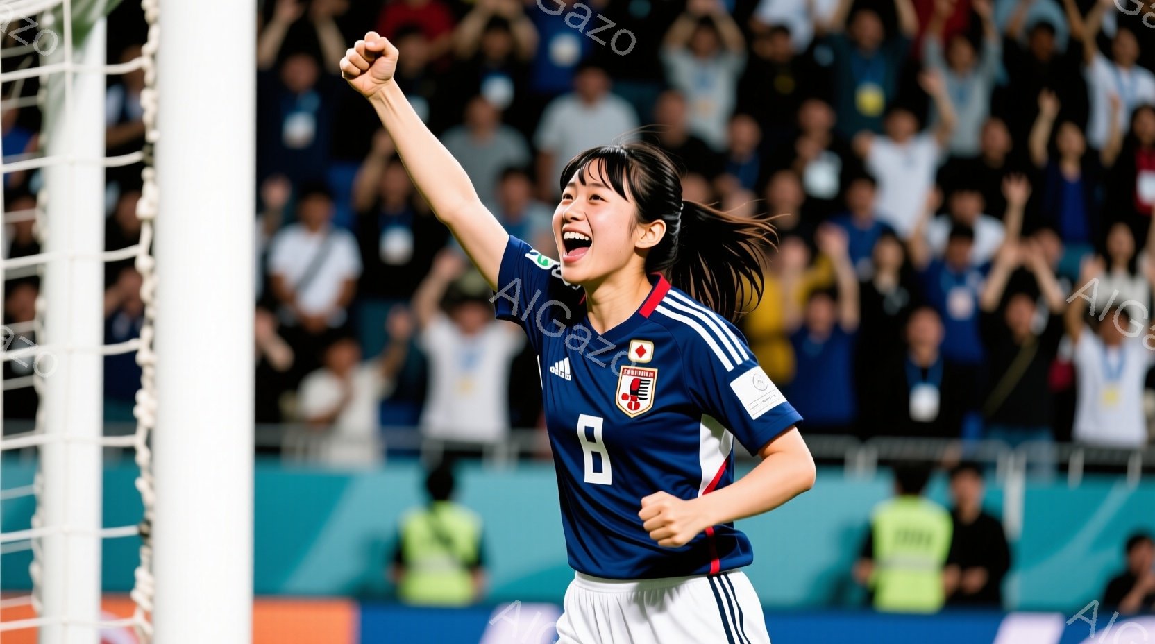 サッカーの試合中に、日本代表の女性選手がゴールを決めた瞬間の喜びを表現しています。彼女は、青と白のユニフォームに背番号8をつけ、髪をポニーテールにしており、満面の笑みを浮かべて右手を高く突き上げています。背景には、観客席とスタジアムの構造が見え、興奮と熱狂に満ちた雰囲気が伝わってきます。