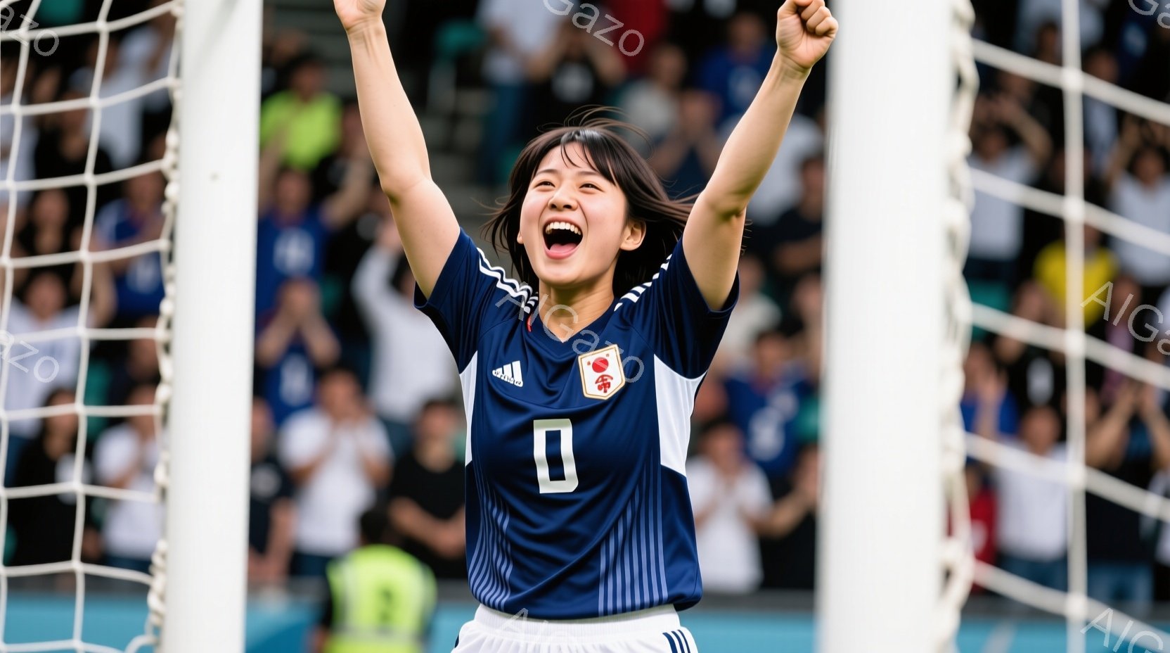 日本のユニフォームを着た女性サッカー選手がゴールネットの前で両手を高く上げて喜びを爆発させている様子が写っています。彼女は黒い髪を肩まで伸ばし、満面の笑みを浮かべており、勝利への興奮が伝わってきます。 - AI生成フリー素材