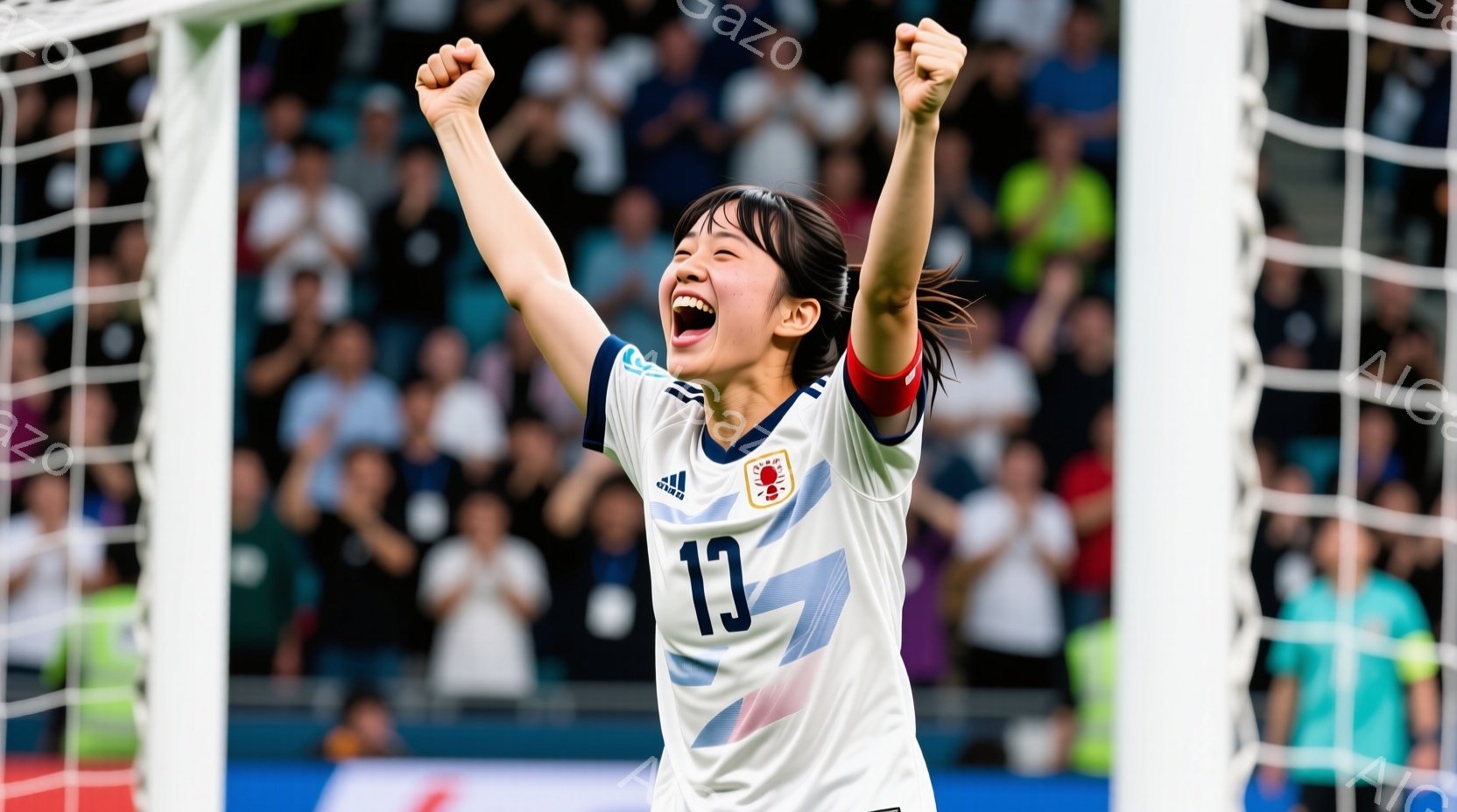 サッカーの試合で、日本代表の一人の女性選手がゴールネットの前で両手を高く挙げ、歓喜の表情を浮かべている。白いユニフォームには「13」の番号が書かれ、短く黒い髪は興奮で少し乱れている。背景には観客席が見 - AI生成フリー素材