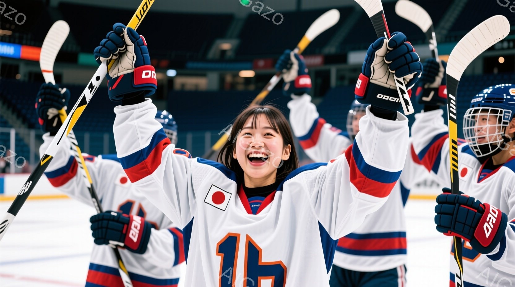 アイスホッケーのユニフォームを着た若い女性が写っており、顔には満面の笑みを浮かべて両腕を高く上げています。彼女は日本のチームの一員で、ユニフォームには背番号「11」が書かれています。背景には他のチーム - AI生成フリー素材