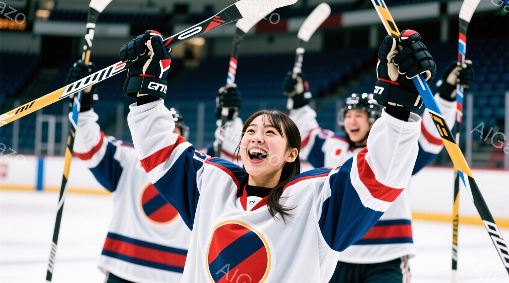 リンク上に立つ女性たちは、白地に赤と青のストライプが入ったアイスホッケーのユニフォームを着ており、黒髪の女性は特に満面の笑みを浮かべて両手を高く上げ、勝利を祝っている様子です。彼女たちはホッケーのスティックを持ち、背景には観客席が見え、アイスホッケーの試合直後や祝賀会の雰囲気が伝わってきます。全体的に明るく、エネルギッシュな、喜びにあふれた瞬間を捉えた写真です。