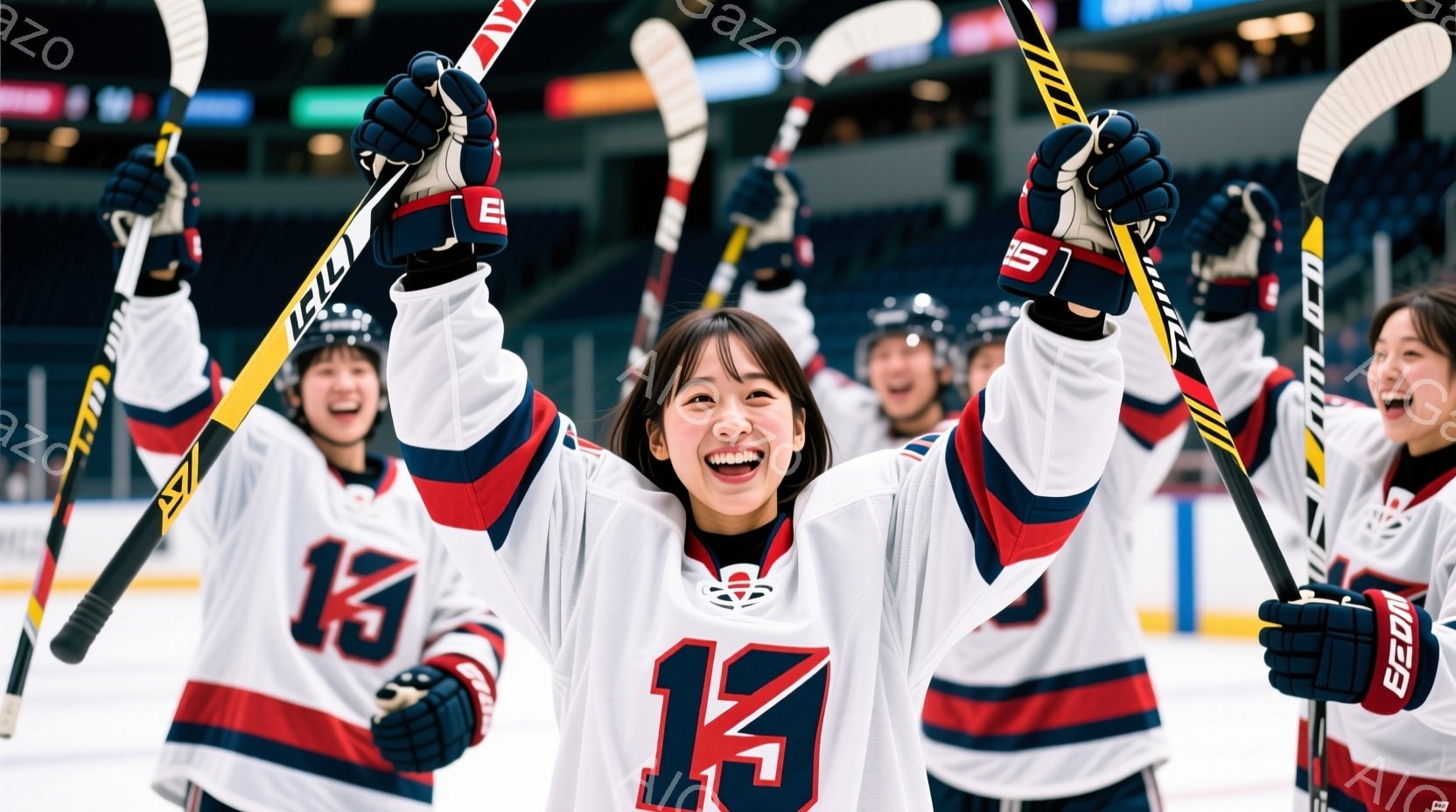 アイスホッケーのユニフォームを着た若い女性たちが写っており、彼女たちは皆、スティックを高く掲げて喜びを表現しています。彼女たちは白を基調としたユニフォームに、赤と紺のラインが入っており、番号「13」が大きくプリントされています。背景はアイスホッケーリンクで、観客席のぼかしが見られ、全体的に勝利を祝う高揚感に満ちた雰囲気が漂っています。