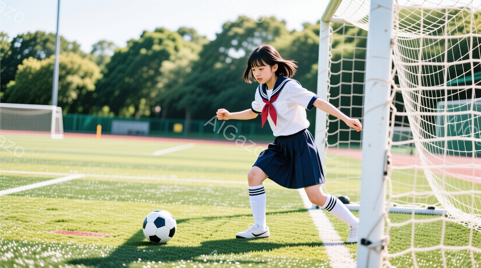 緑の芝生の上で、制服を着た少女がサッカーボールをドリブルしている。彼女は白いシャツに濃い青色のスカート、白いソックスとスニーカーを履き、髪を後ろで一つに結んでいる。背景にはサッカーゴールと、緑豊かな木々が見え、晴天の下で活気のある雰囲気が漂っている。