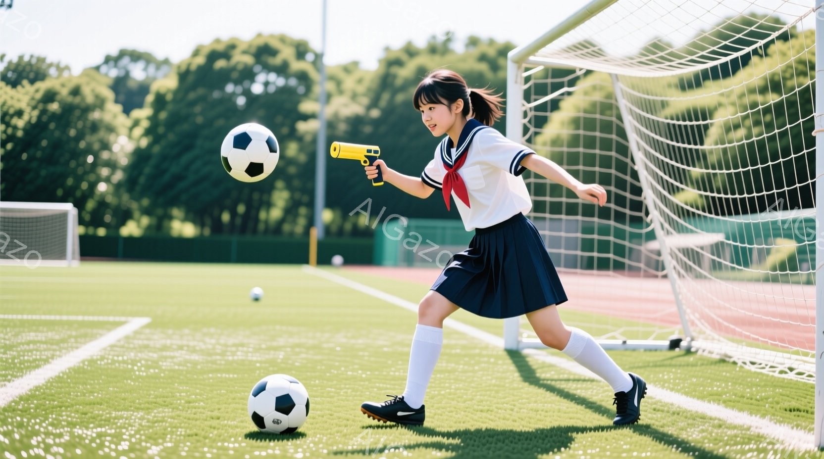 緑の芝生の上で、制服を着た若い女性がサッカーボールをドリブルしている。彼女は黒い髪をポニーテールにし、白いブラウス、濃い青色のスカート、白い靴下を履き、黒いサッカーシューズを履いている。背景には赤いト - AI生成フリー素材