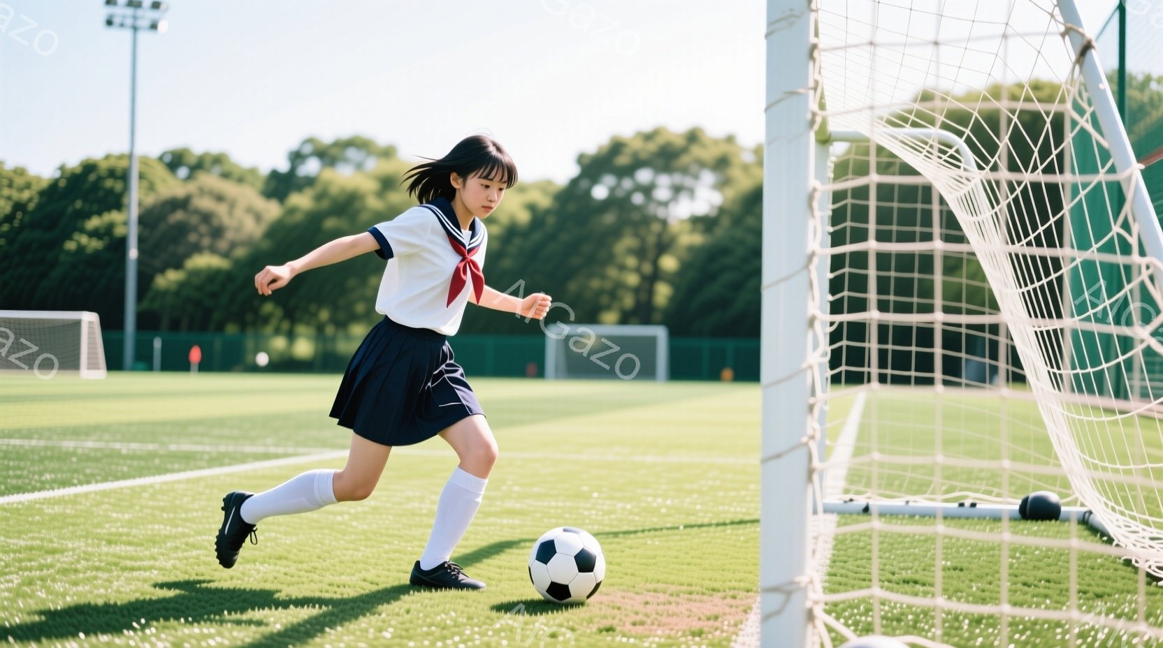緑の芝生の上を、制服姿の女子高生がサッカーボールをドリブルしている様子が写っている。彼女は白いシャツに紺色のスカート、白いソックスと黒いスパイクを履き、髪は肩までの長さで、少し動きながら前を見ている。背景にはサッカーゴールと、緑豊かな木々が見え、晴れた日の屋外での活動を表現している。