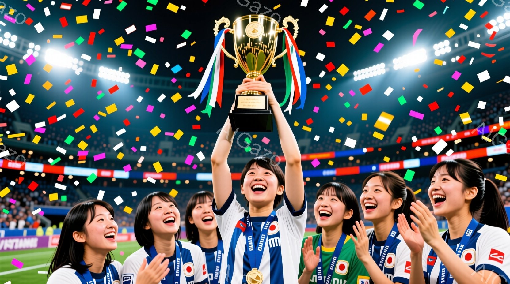 複数の女性サッカー選手が、スタジアムでトロフィーを掲げて歓喜しています。彼女たちは白いユニフォームに青いラインが入っており、首にはメダルをかけています。背景には観客席がぼやけており、紙吹雪が舞い上がっ - AI生成フリー素材